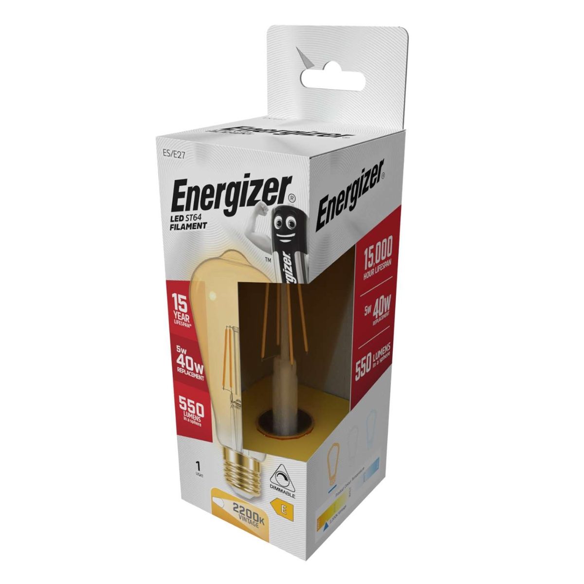 Energizer LED Filament Gold ST64 E27 (ES) 550 Lumens 5W 2,200K (Warm White) Dimmable, Box of 1