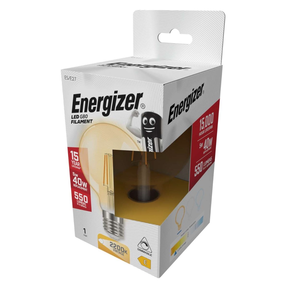 Energizer LED Filament Gold G80 E27 (ES) 550lm 5W 2,200K (Warm White) Dimmable, Box of 1