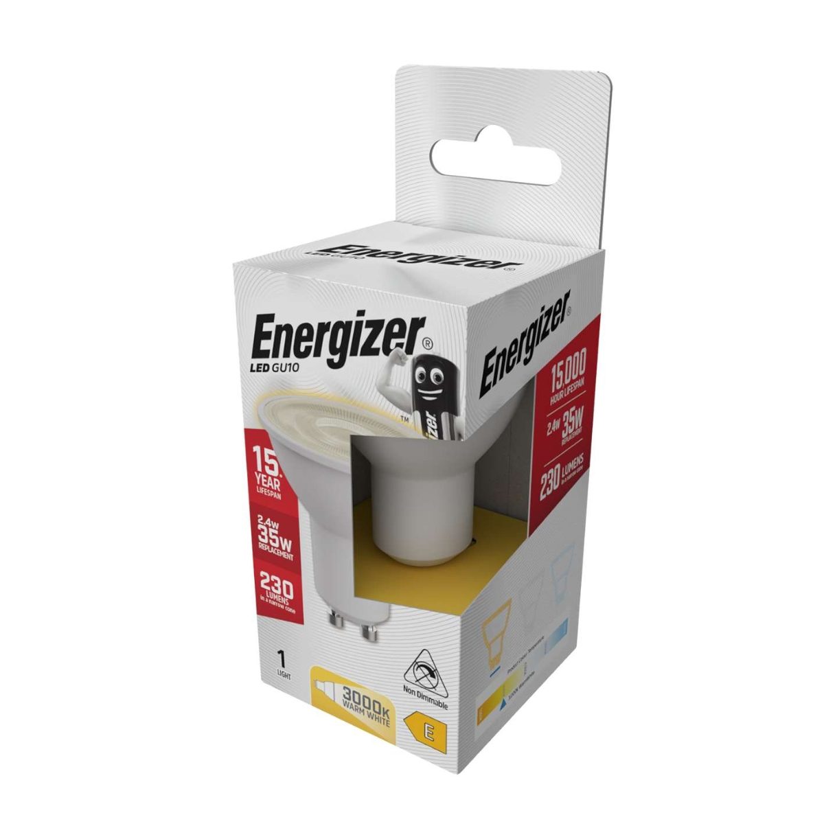 Energizer LED GU10 230 Lumens 2.4W 3,000K (Warm White), Box of 1