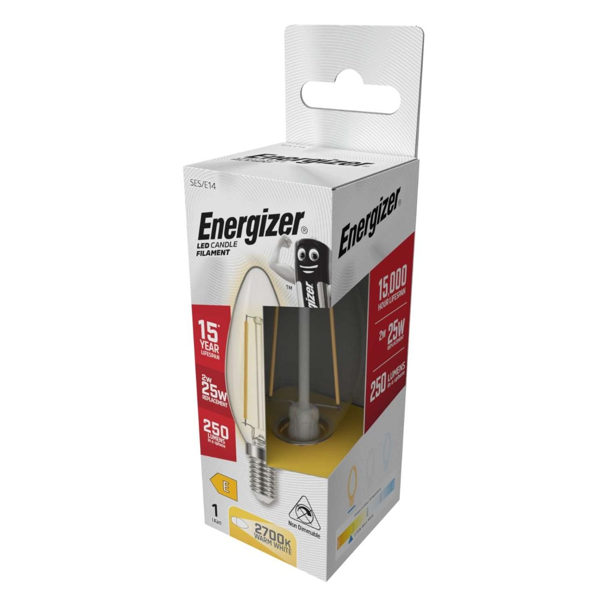 Energizer LED Filament Candle E14 (SES) 250lm 2W 2,700K (Warm White), Box of 1