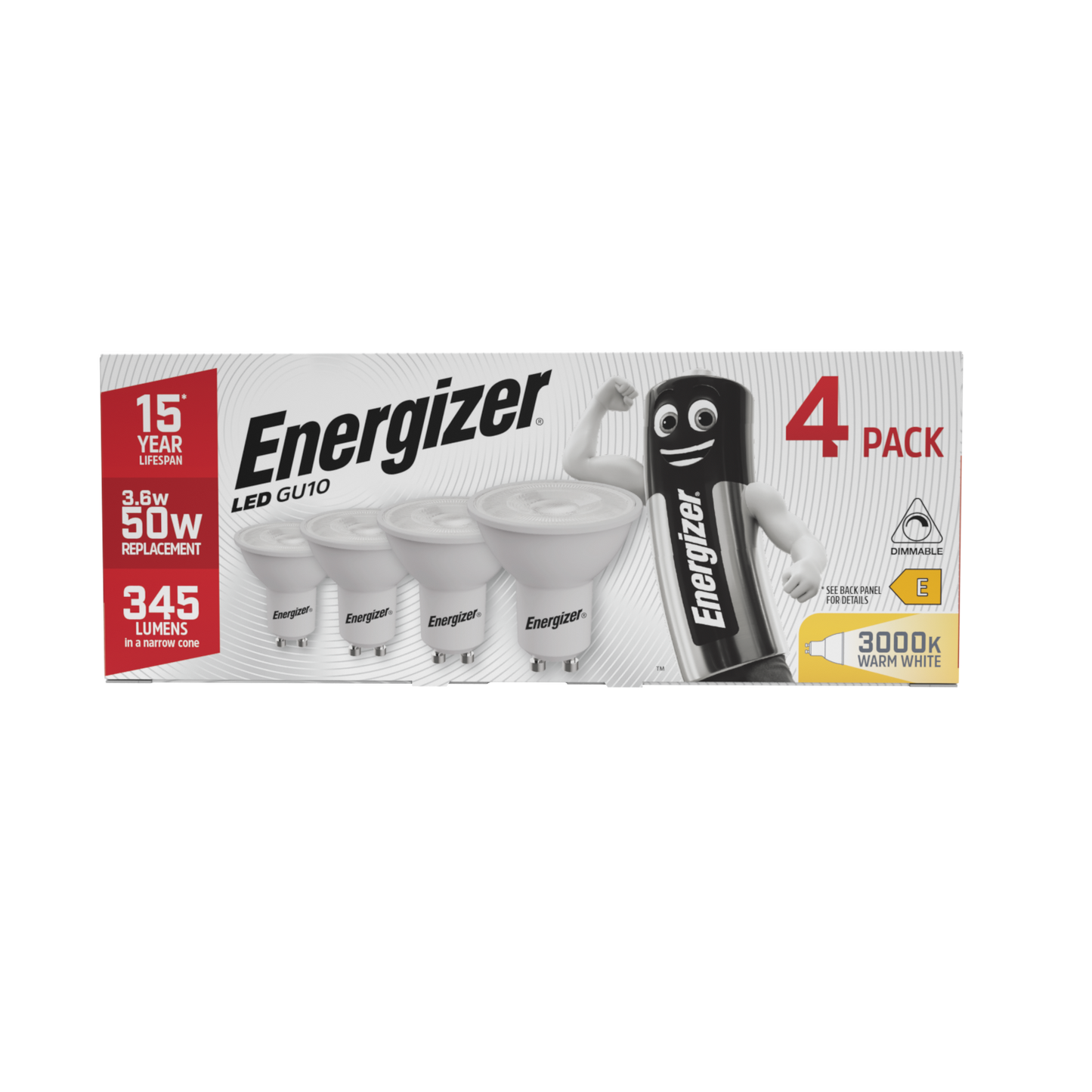 Energizer LED GU10 345lm 3,6W 3.000K (Warmweiß) Dimmbar, 4er-Box