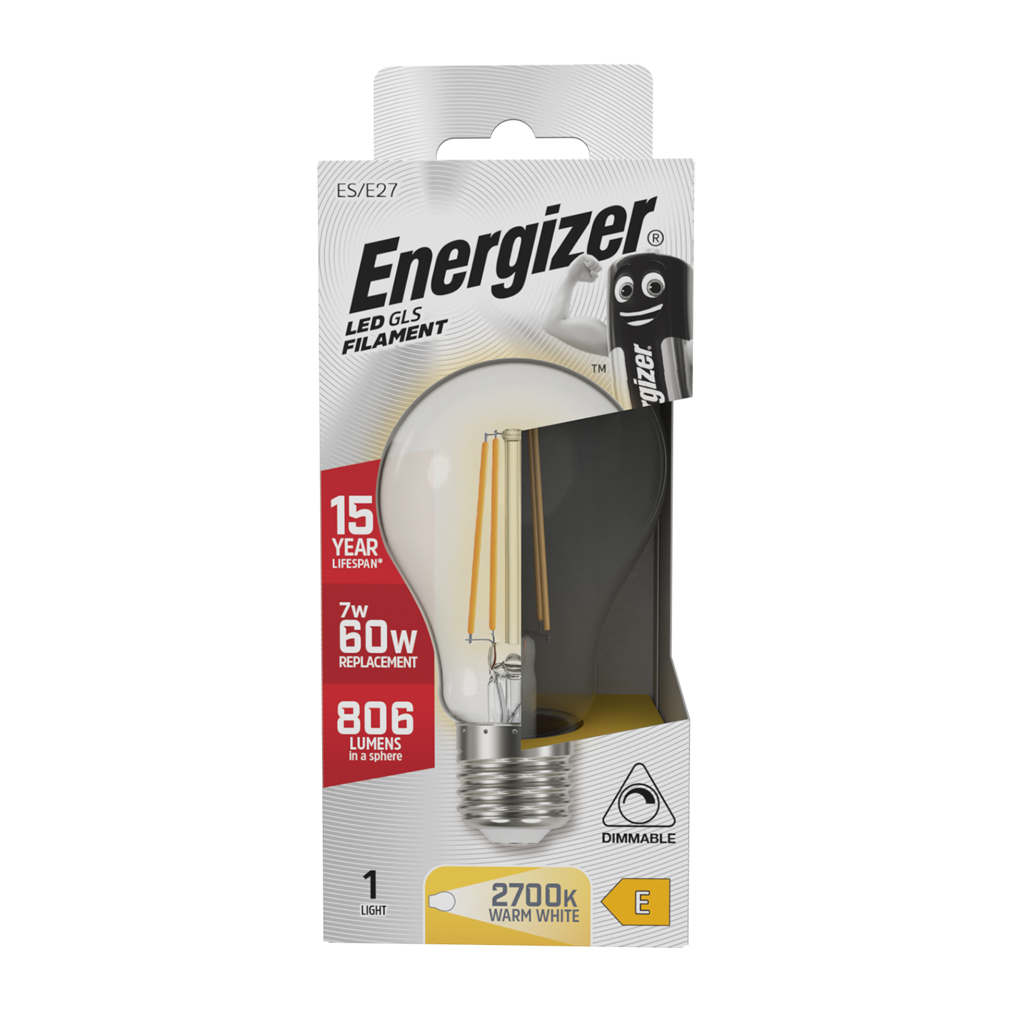 Energizer LED Filament GLS E27 (ES) 806lm 7W 2,700K (Warm White) Dimmable, Box of 1