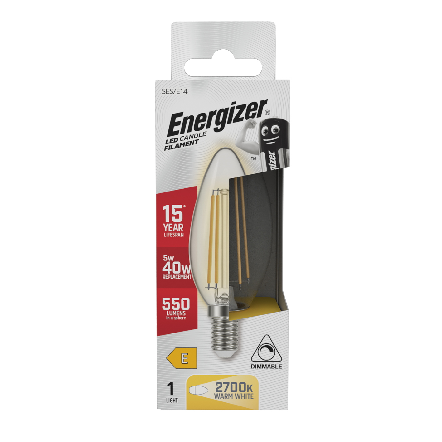 Energizer LED Filament Candle E14 (SES) 550 Lumens 5W 2,700K (Warm White) Dimmable, Box of 1