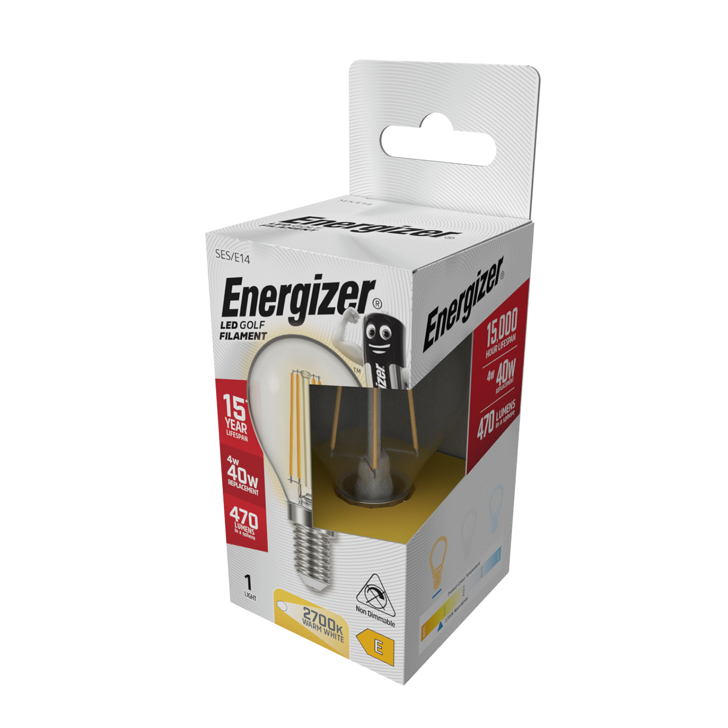 Energizer LED Filament Golf E14 (SES) 470 Lumens 4W 2,700K (Warm White), Box of 1