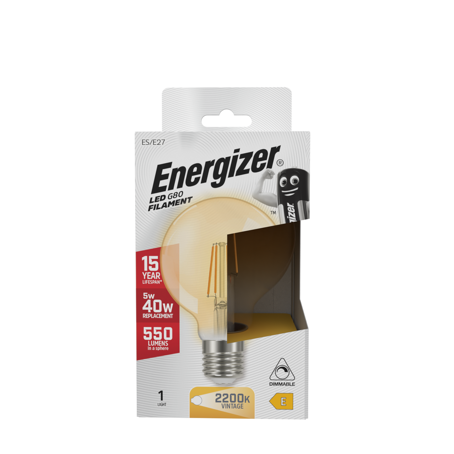 Energizer LED Filament Gold G80 E27 (ES) 550lm 5W 2,200K (Warm White) Dimmable, Box of 1