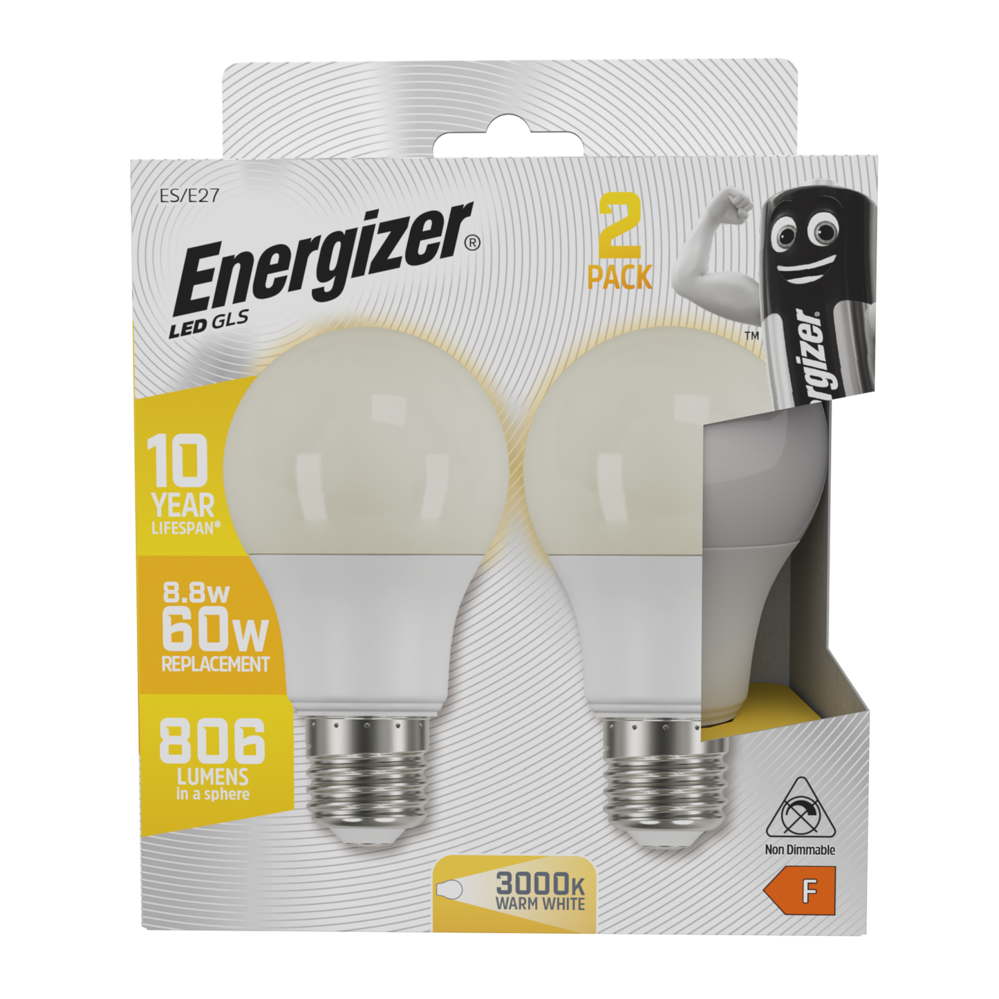 S16710 Energizer LED GLS E27 (ES) 806lm 8.8W 3,000K (Warm White), Box of 2