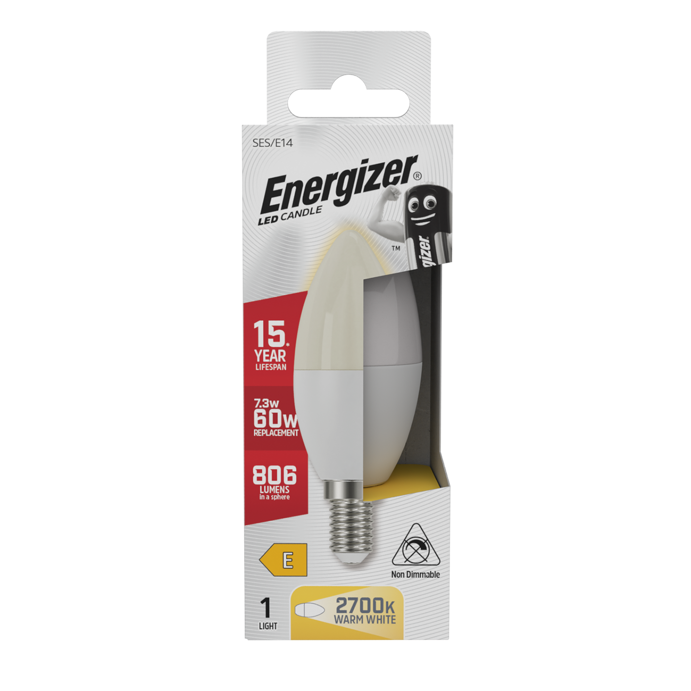Energizer LED Candle E14 (SES) 806lm 7.3W 2,700K (Warm White), Box of 1