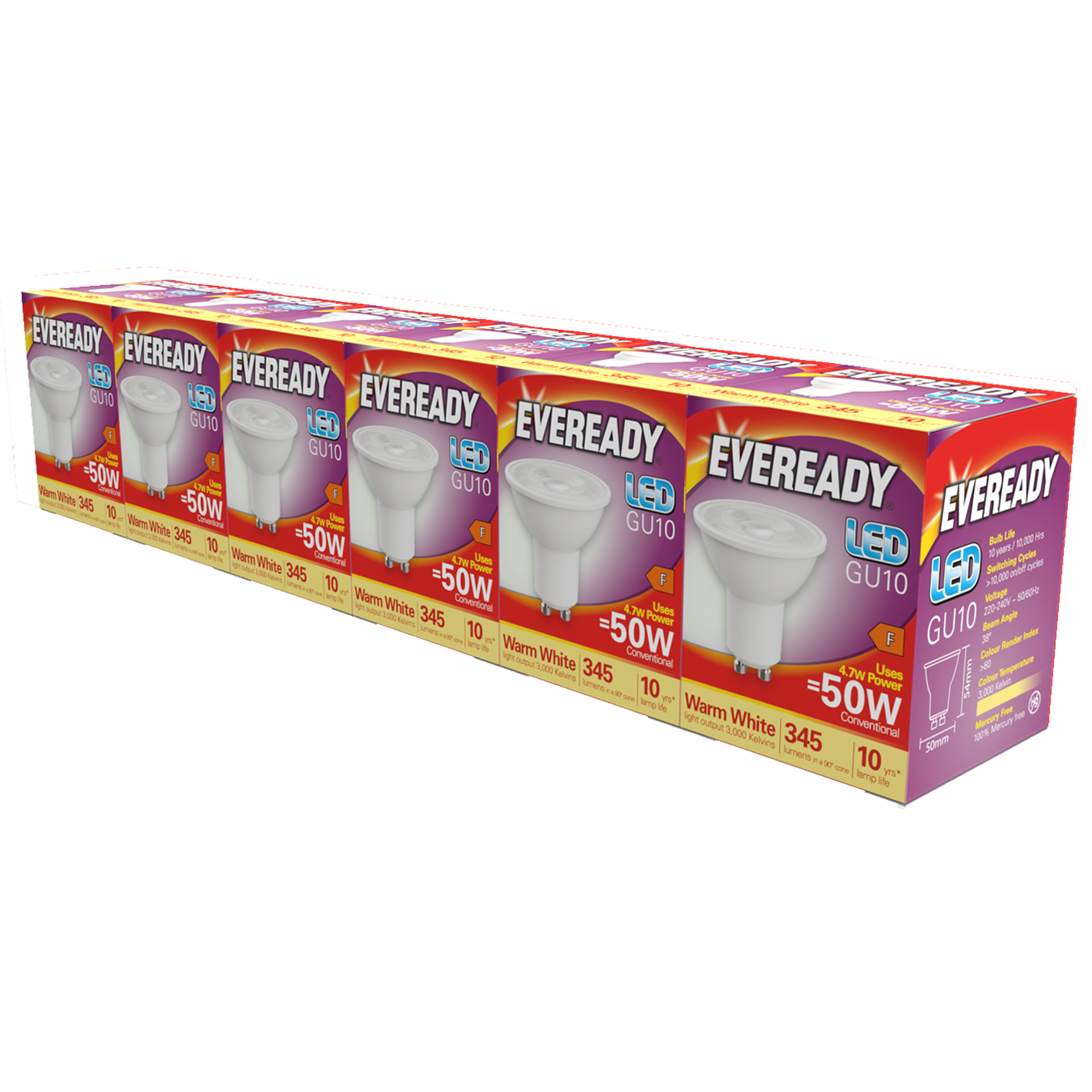 Eveready LED GU10 345lm 4.7W 3000K (Warm White) Pack of 5+1