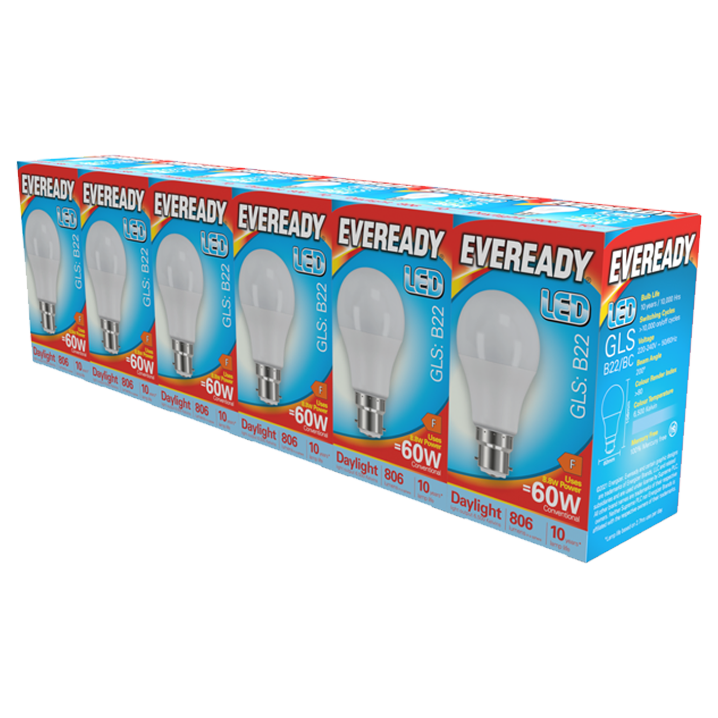 Eveready LED GLS B22 (BC) 806lm 8.8W 6500K (Daylight) Pack of 5+1
