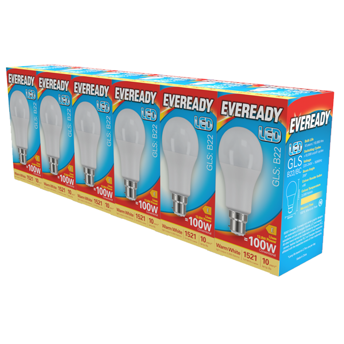 Eveready LED GLS B22 (BC) 1521lm 13.8W 3000K (Warm White) Pack of 5+1
