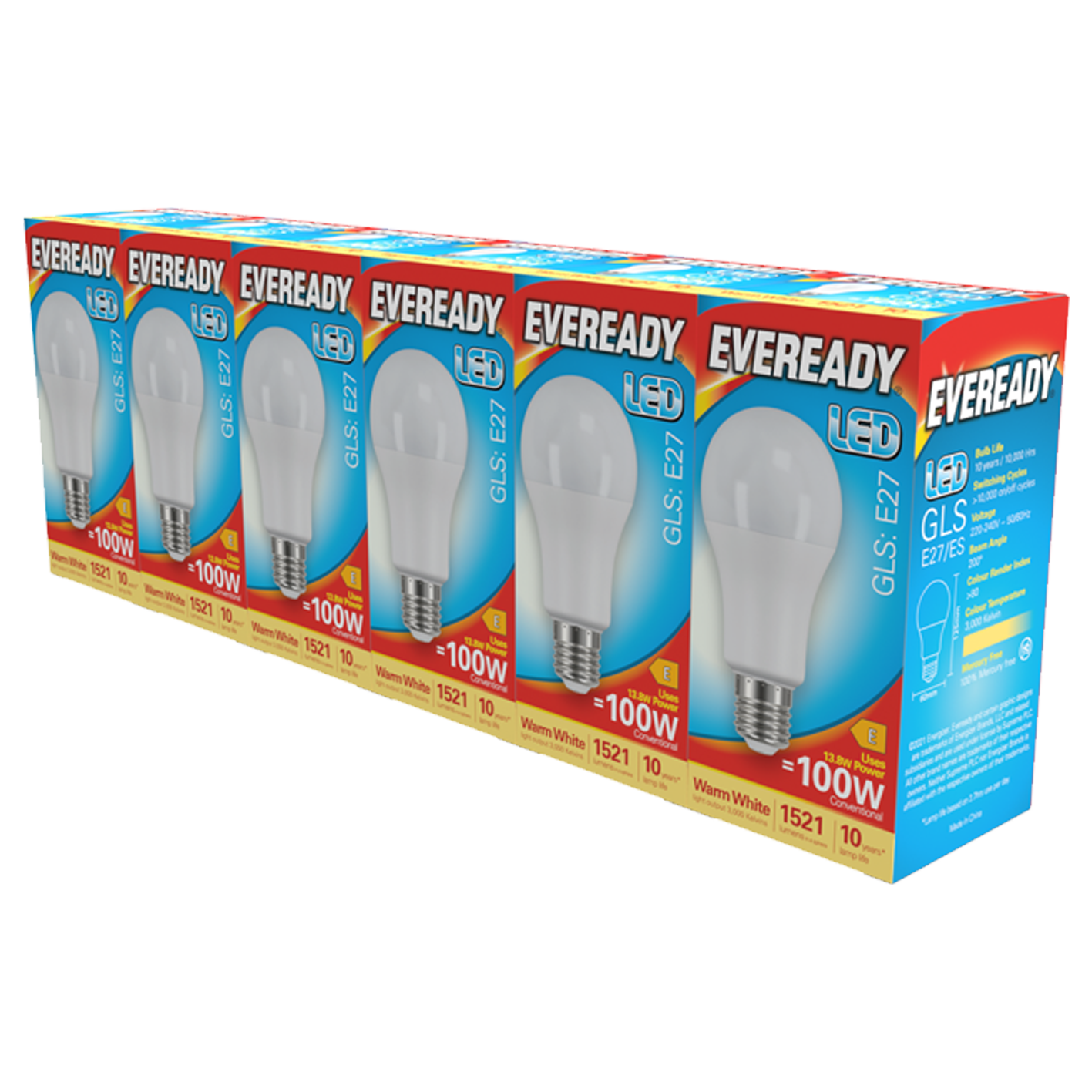 Eveready LED GLS E27 (ES) 1521lm 13.8W 3000K (Warm White) Pack of 5+1