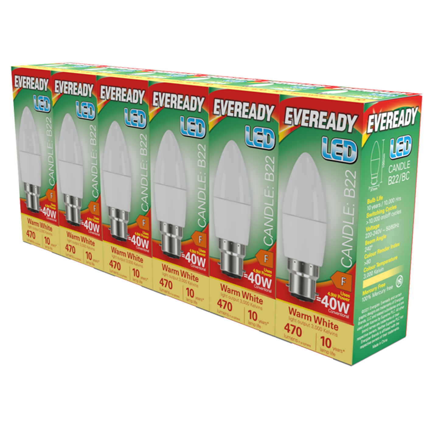 Eveready LED Candle B22 (BC) 470lm 4.9W 3000K (Warm White) Pack of 5+1