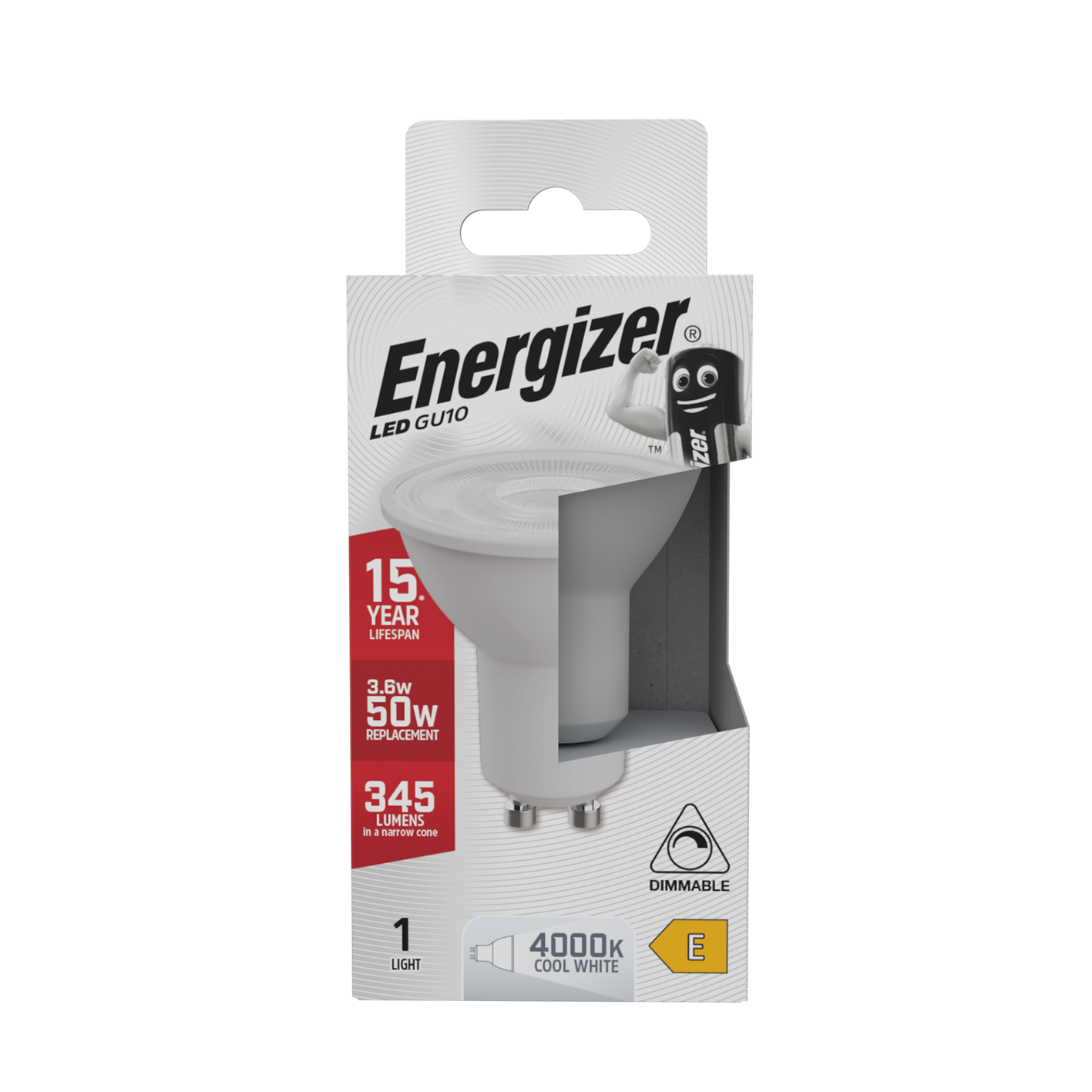 Energizer LED GU10 345 Lumens 3.6W 4,000K (Cool White) Dimmable, Box of 1