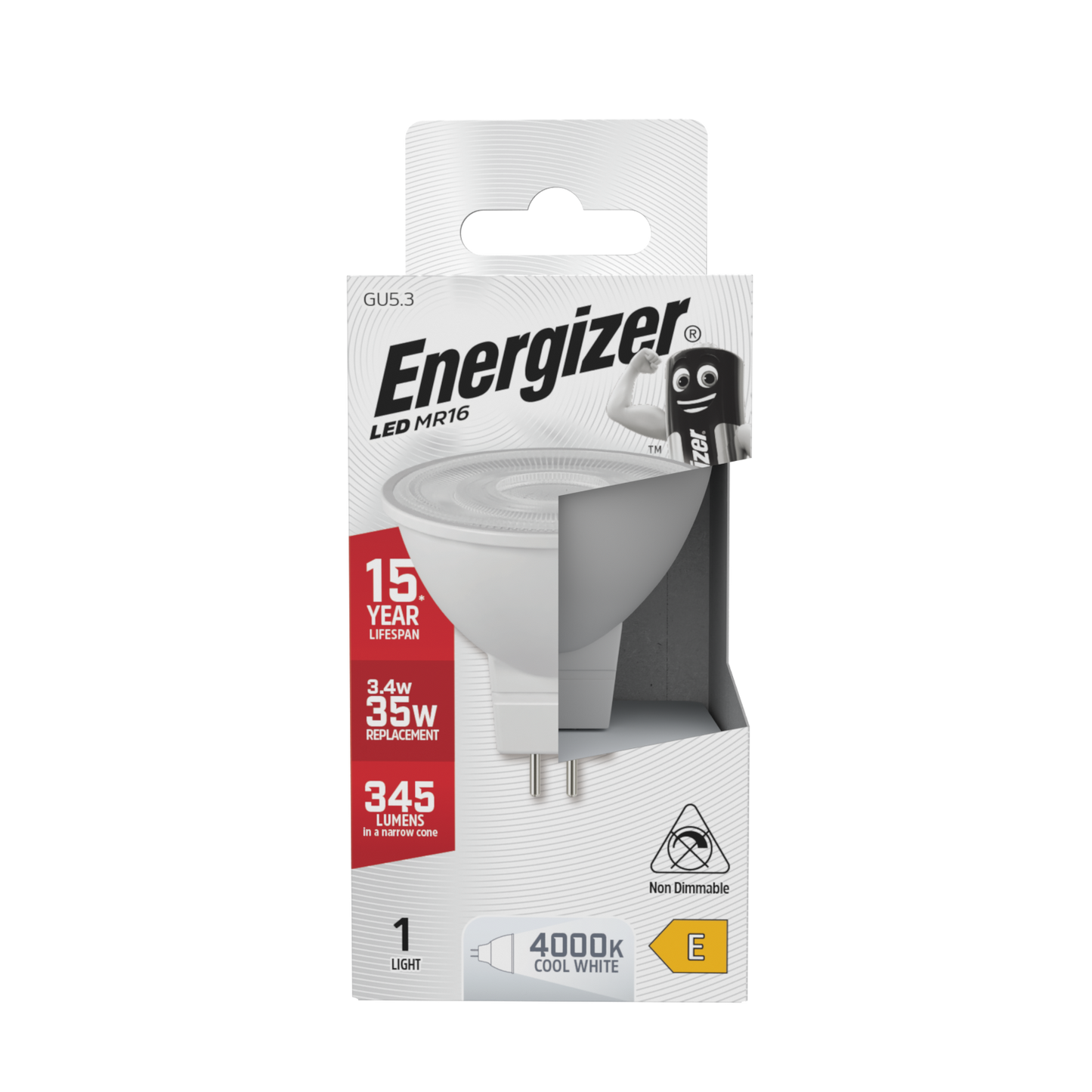 S8833 Energizer LED GU5.3 345 Lumens 3.4W 4,000K (Cool White), Box of 1