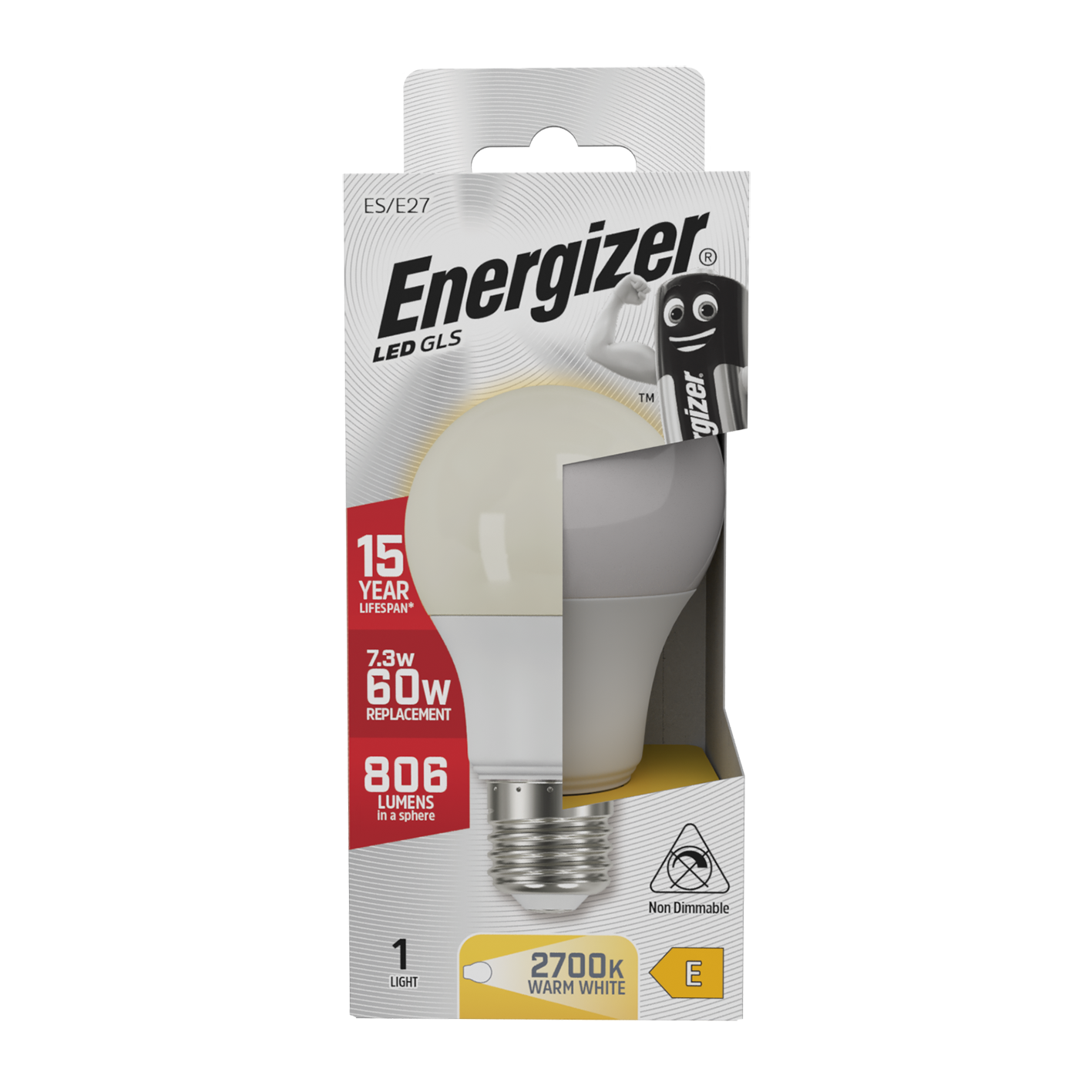 Energizer LED GLS E27 (ES) 806 Lumens 7.3W 2,700K (Warm White), Box of 1