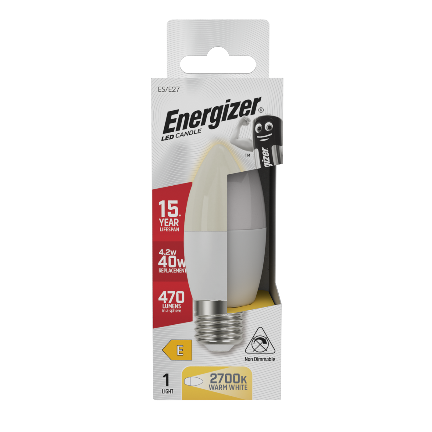 Energizer LED-Kerze E27 (ES), 470 lm, 4,9 W, 2.700 K (Warmweiß), Packung mit 1 Stück