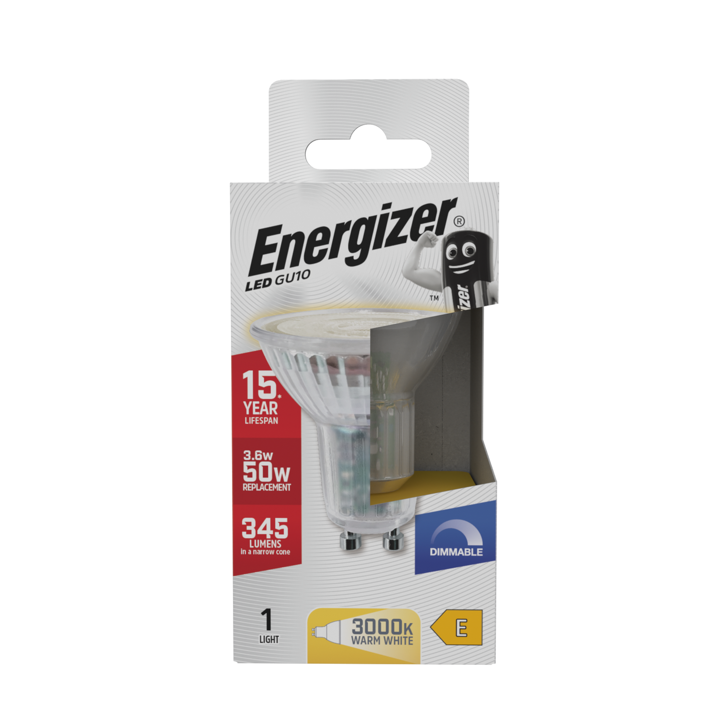 Energizer LED GU10, 350 Lumen, 5,5 W, 3.000 K (Warmweiß), dimmbar, Packung mit 1 Stück