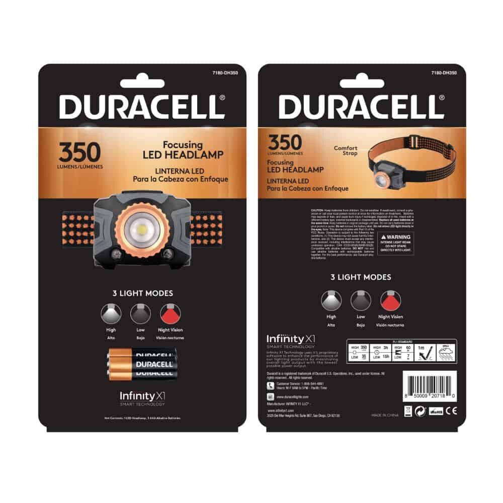 Linterna frontal LED de enfoque Duracell® de 350 lúmenes (precio por paquete de 6)