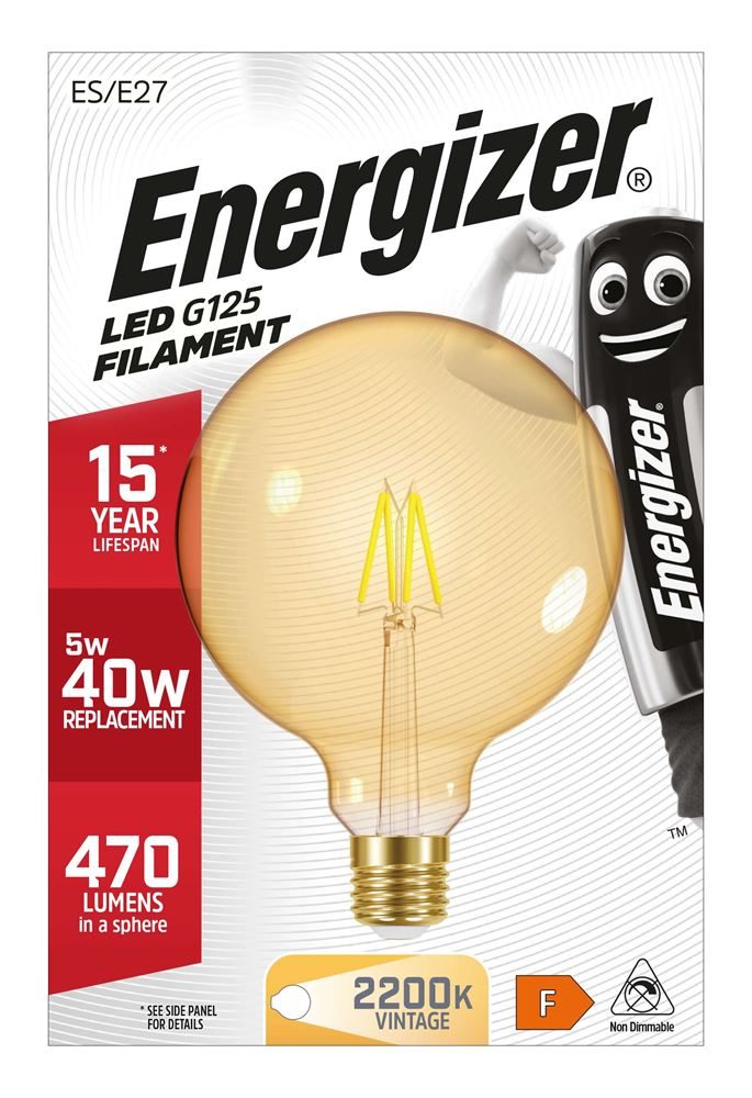 Energizer LED Filament Gold G125 E27 (ES) 470lm 5W 2,200K (Warm White) Box of 1