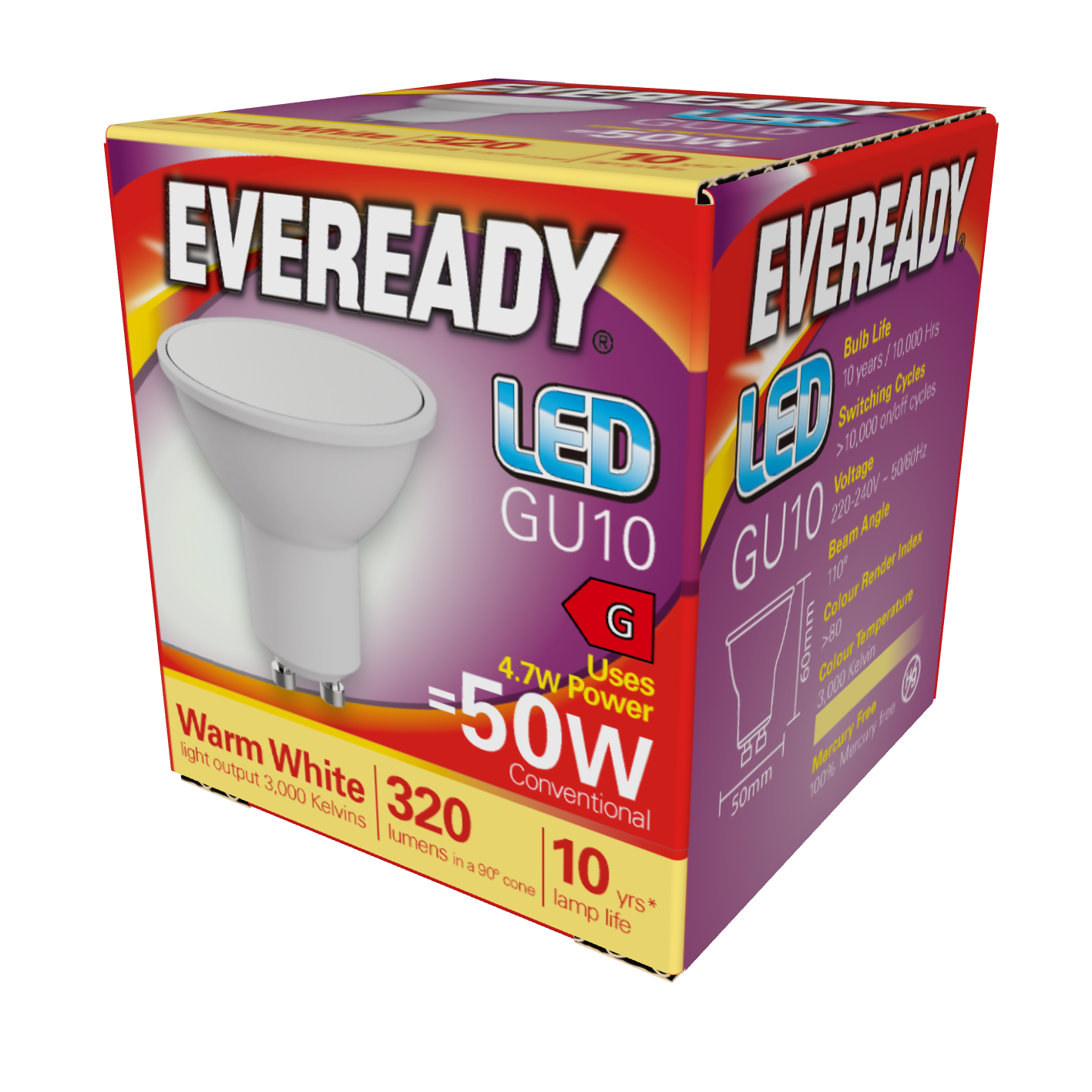 Eveready LED GU10 350lm 4.7W 3,000K (Warm White), Box of 1