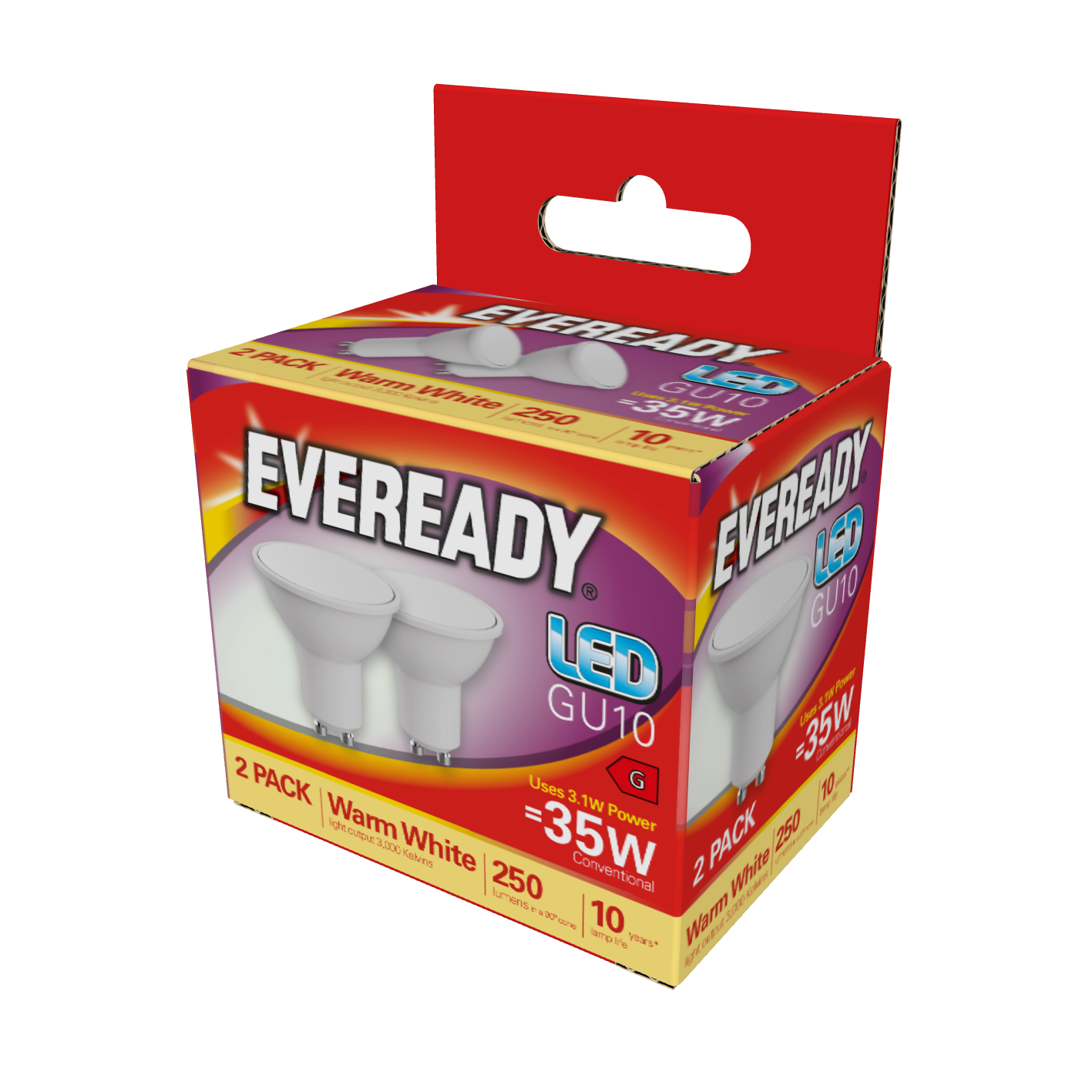 Eveready LED GU10 250lm 3.1W 3,000K (Warm White), Box of 2