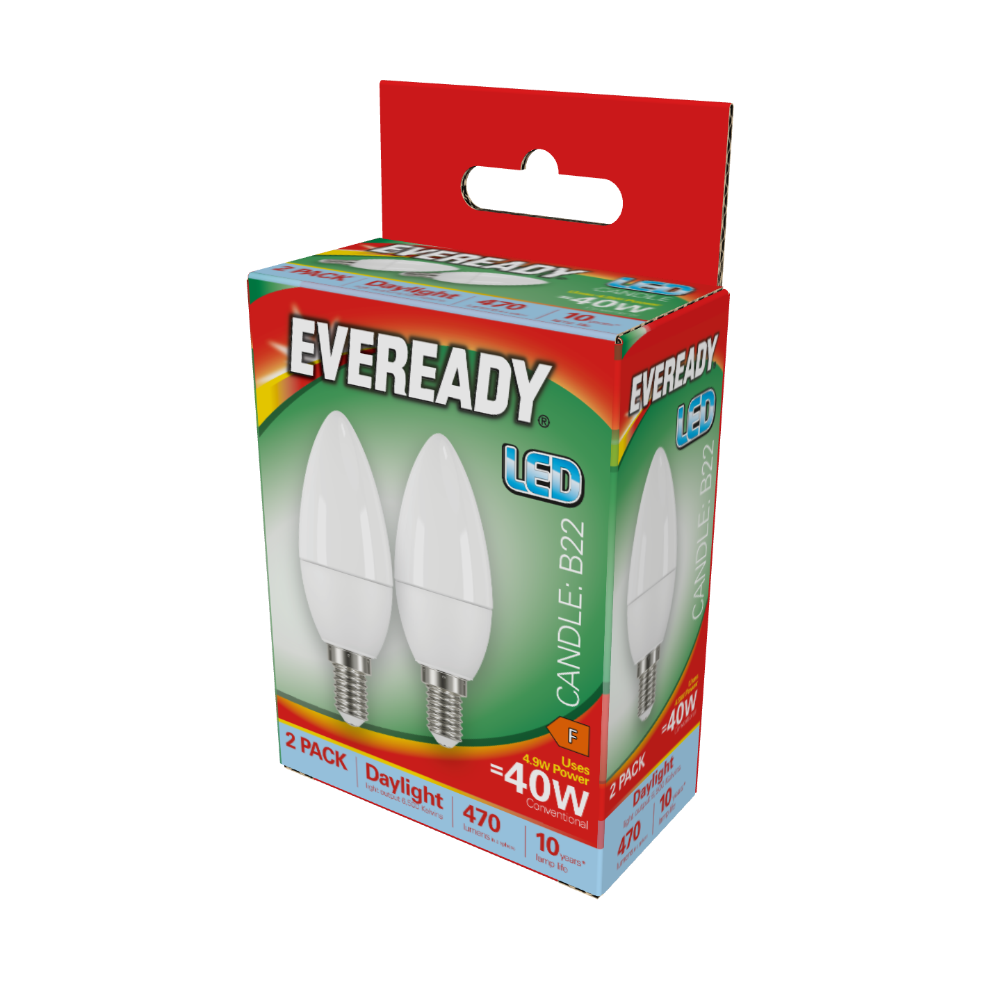 Eveready LED Candle E14 (SES) 470lm 4.9W 6,500K (Daylight), Box of 2