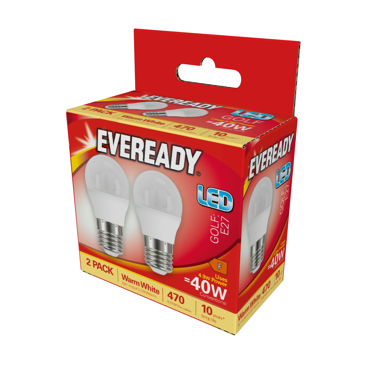 Eveready LED Golf E27 (ES) 470lm 4.9W 3,000K (Warm White), Box of 2