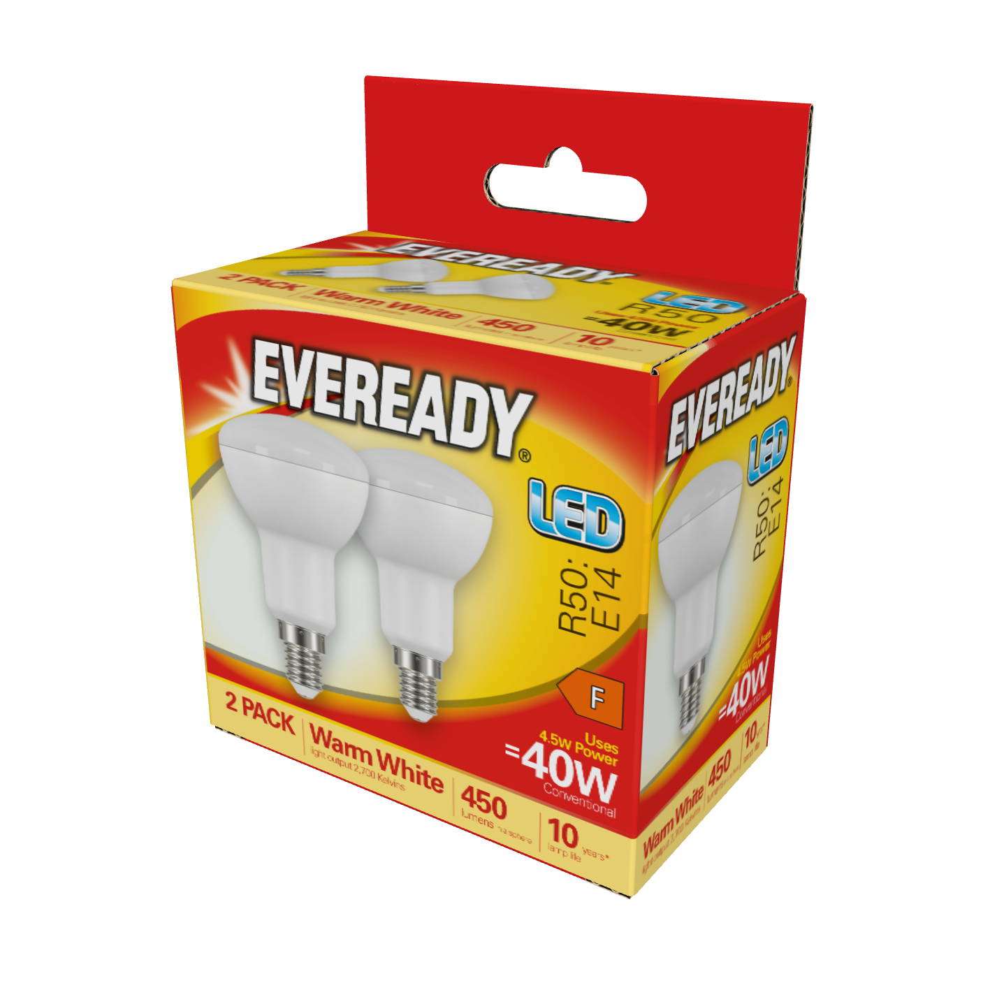 Eveready LED R50 Reflector E14 (SES) 450lm 4.5W 3,000K (Warm White), Box of 2