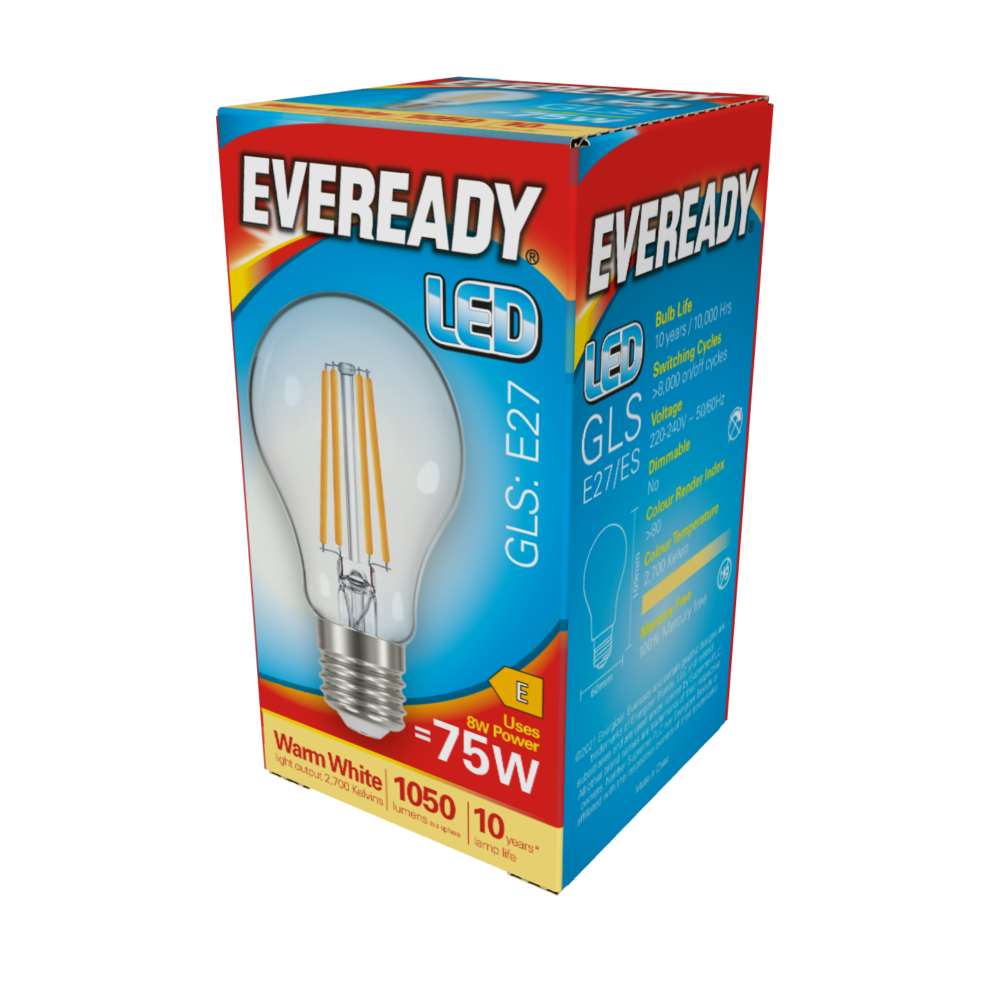 Eveready LED Filament GLS E27 (ES) 1,050lm 8W 2,700K (Warm White) Box of 1