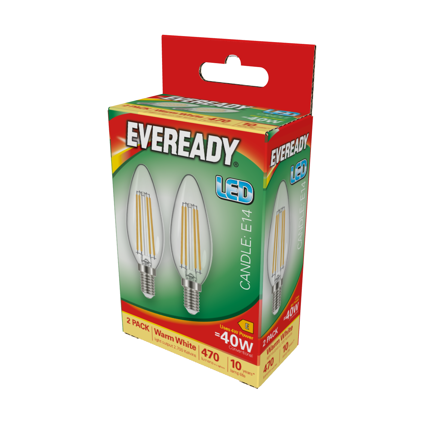 Eveready LED Filament Candle E14 (SES) 470lm 4W 2,700K (Warm White), Box of 2