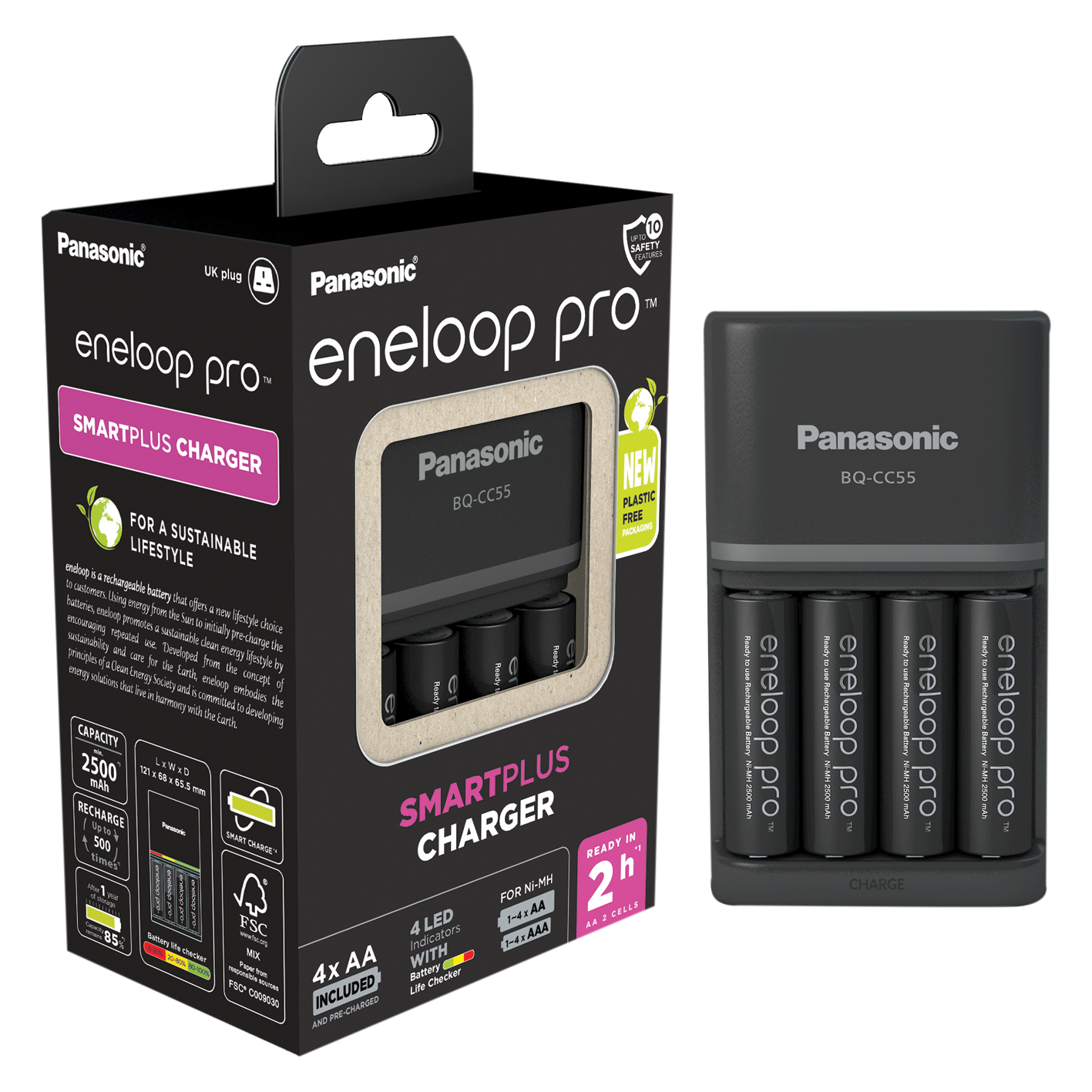 Cargador inteligente y rápido Eneloop + 4 pilas AA Pro 2500 mAh - Enchufe británico