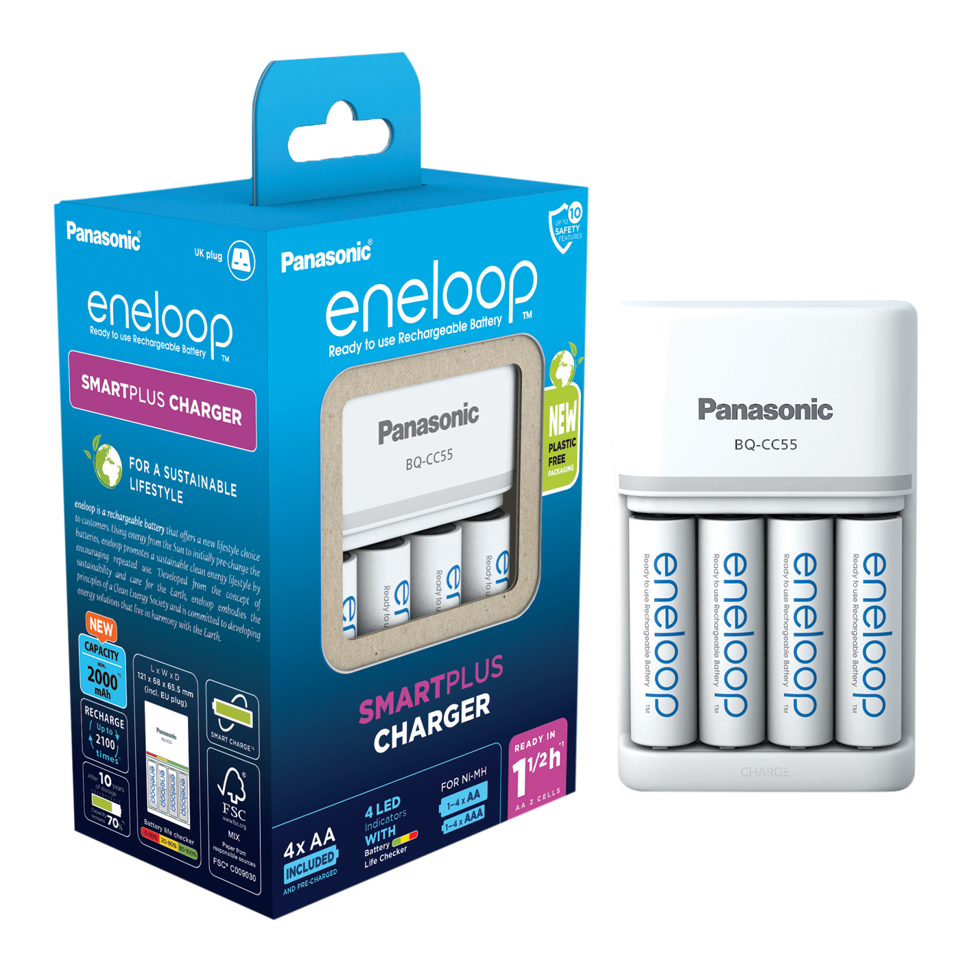 Eneloop Smart & Schnellladegerät + 4 x AA 2000 mAh Batterien – UK-Stecker