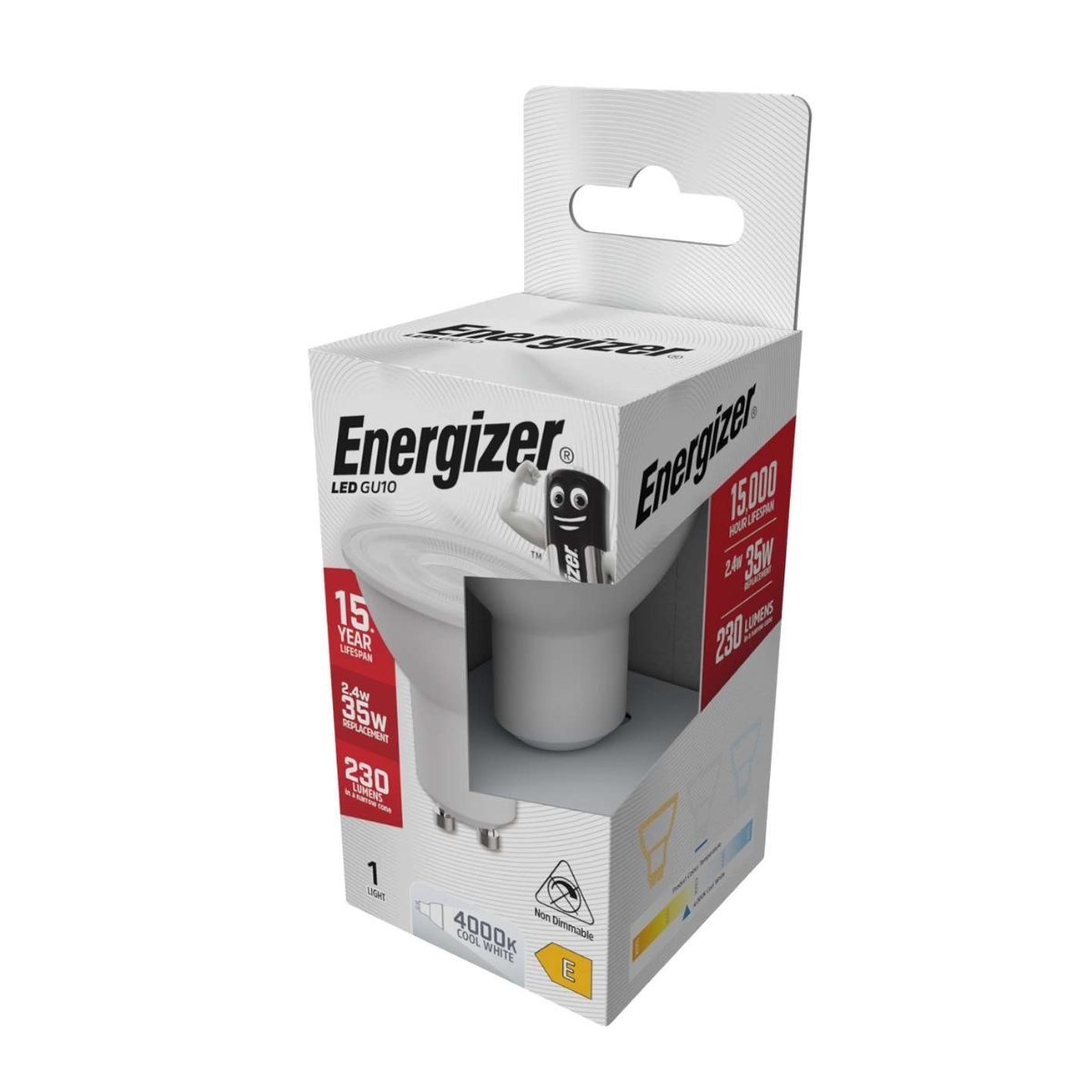 Energizer LED GU10 230 Lumens 2.4W 4,000K (Cool White), Box of 1