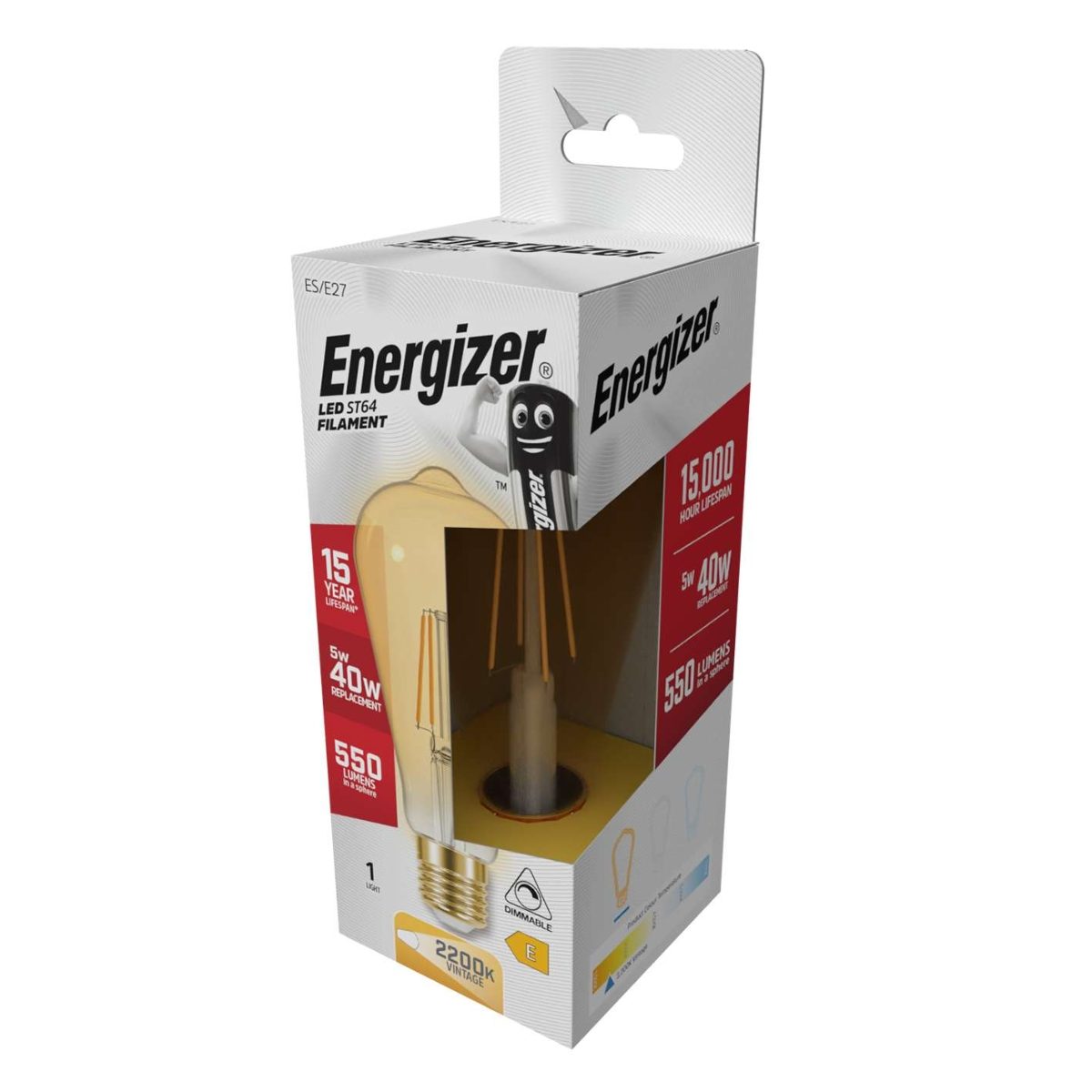 Energizer LED-Filament Gold ST64 E27 (ES) 470 Lumen 5 W 2.200 K (Warmweiß) dimmbar, 1er-Packung