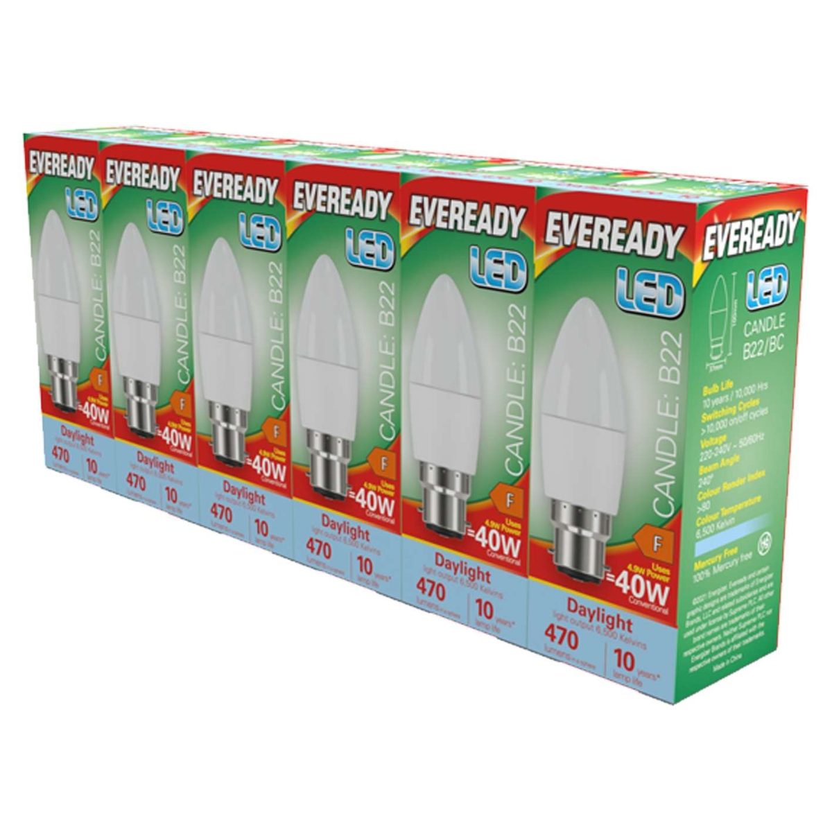 Eveready LED Candle B22 (BC) 470lm 4.9W 6500K (Daylight) Pack of 5+1