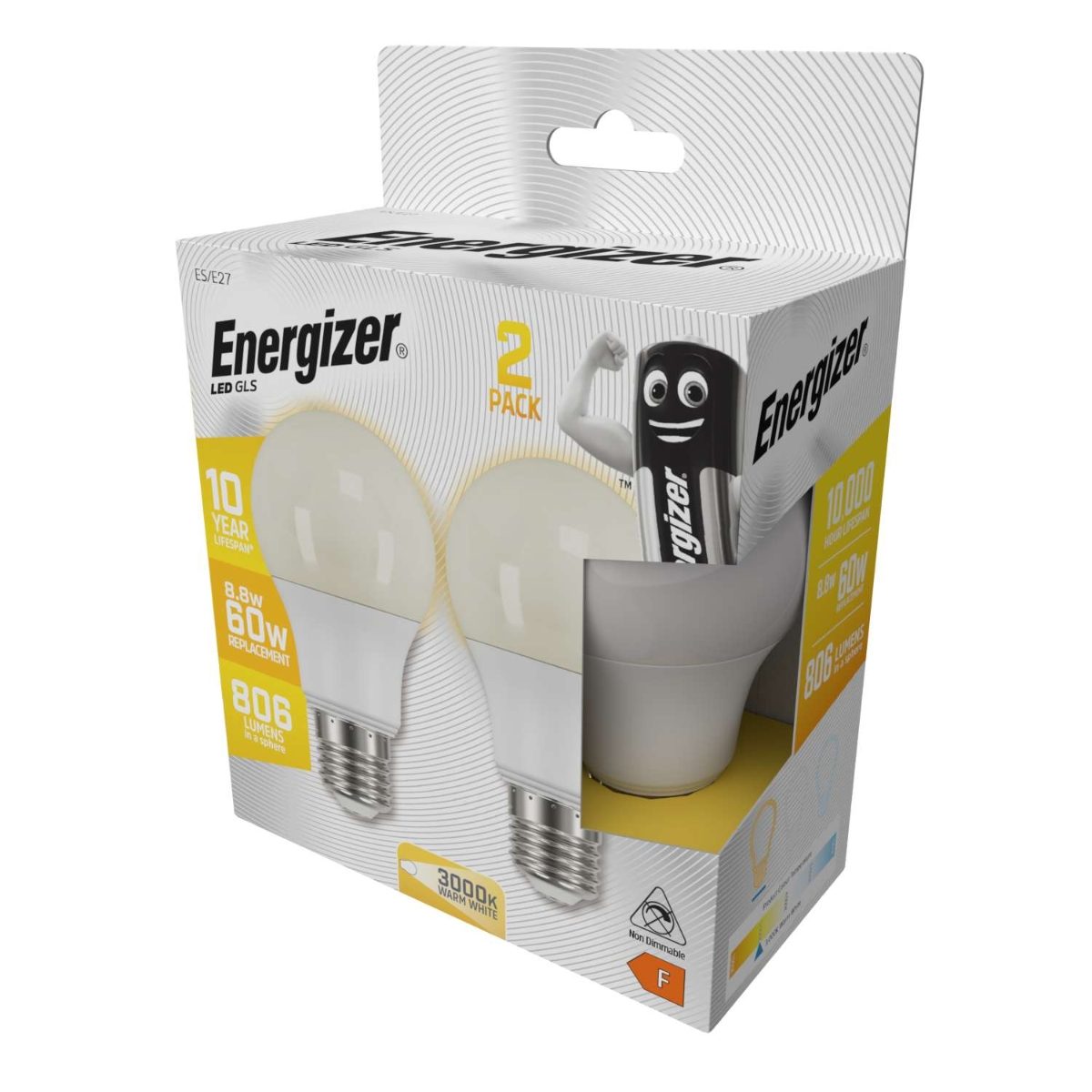 Energizer LED GLS E27 (ES) 806lm 8.8W 3,000K (Warm White), Box of 2
