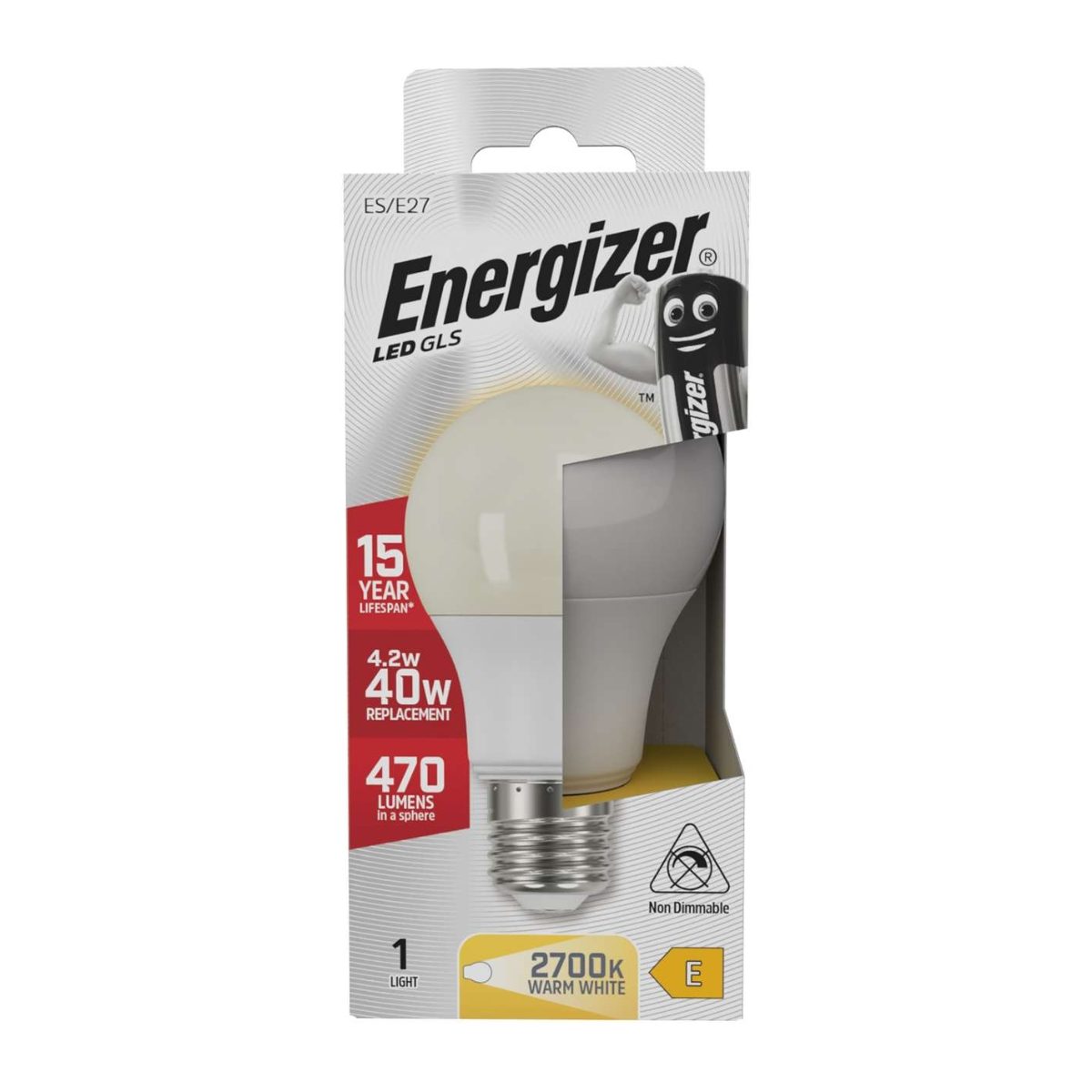 Energizer LED GLS E27 (ES) 470 Lumens 4.2W 2,700K (Warm White), Box of 1