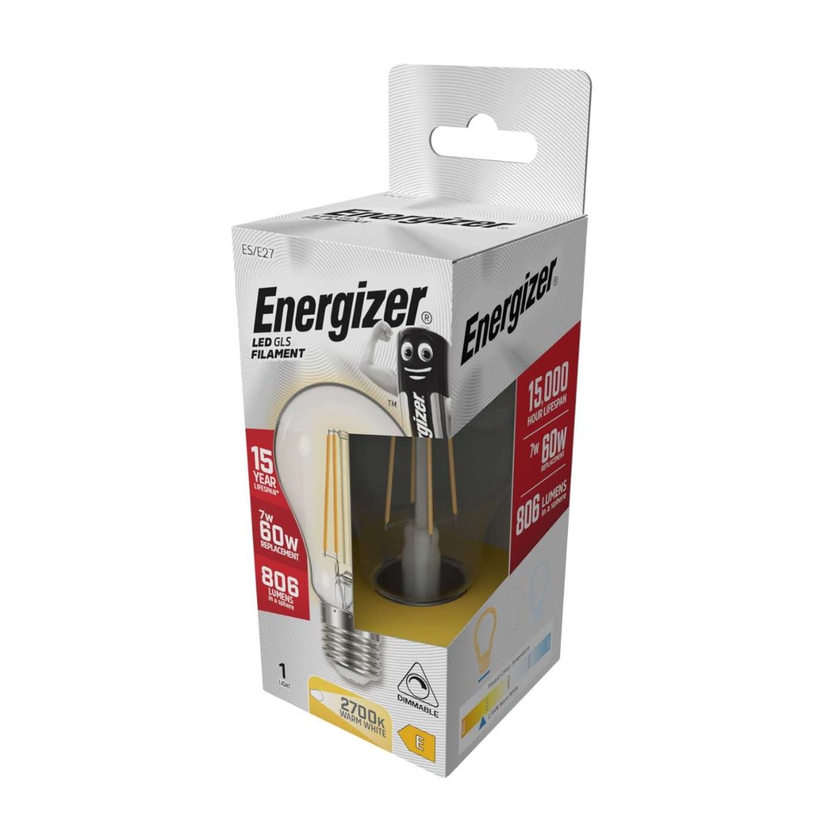 Energizer LED Filament GLS E27 (ES) 806lm 7W 2,700K (Warm White) Dimmable, Box of 1