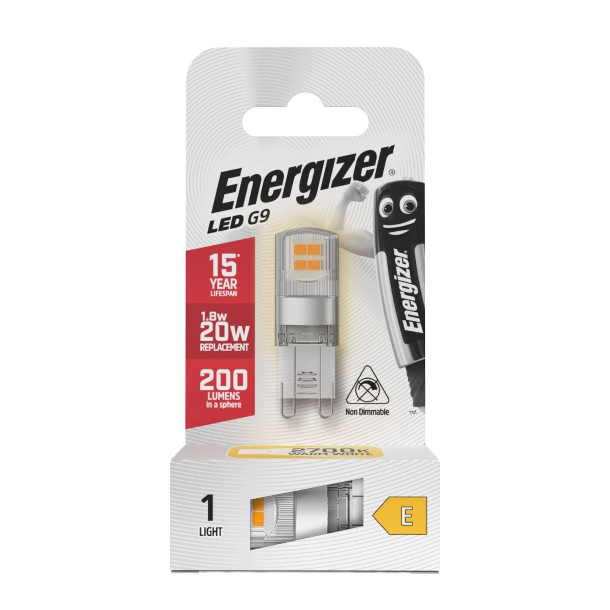 Energizer LED G9 200lm 1.8W 2,700K (Warm White), Box of 1