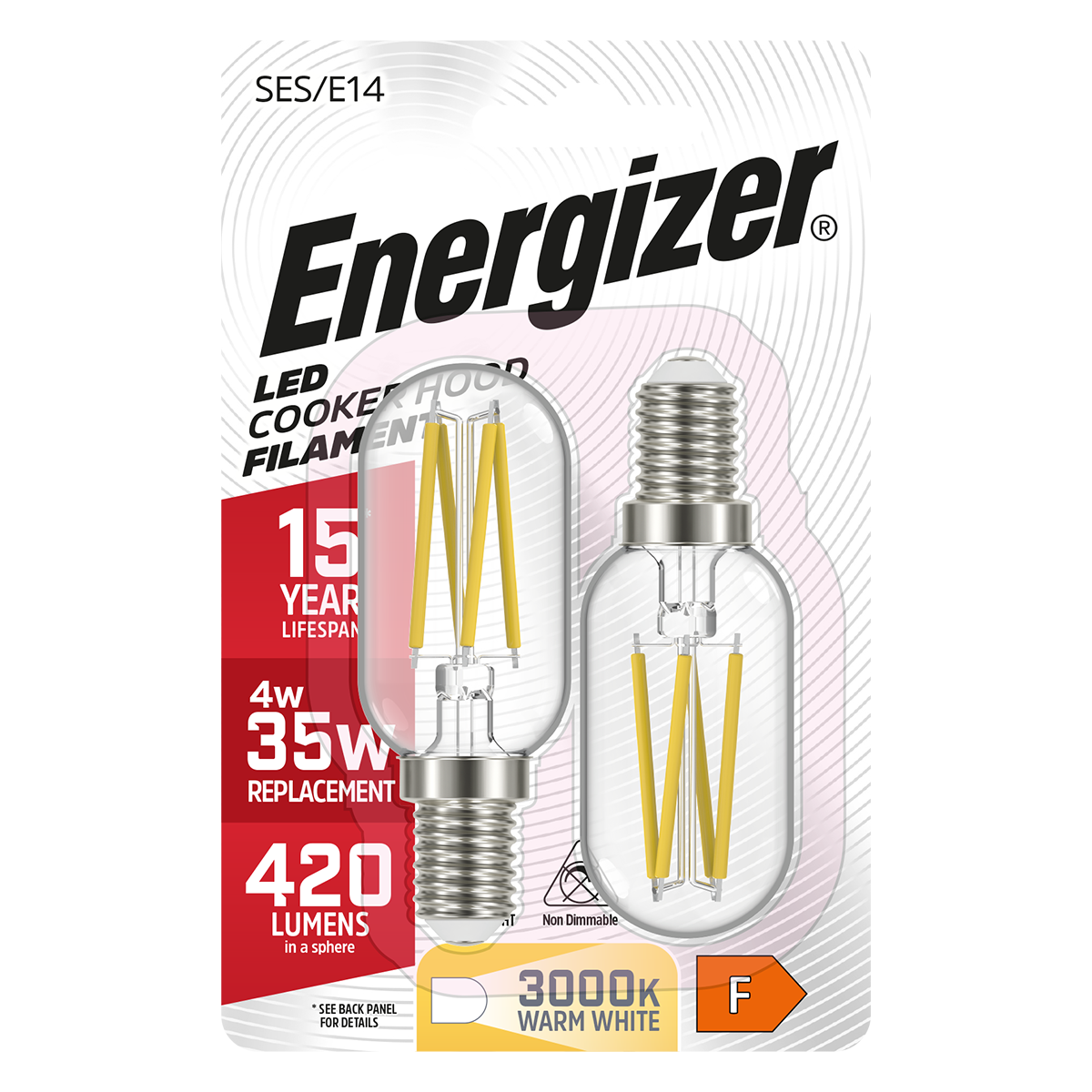 Campana extractora Energizer LED Filamento E14 (SES) 420 Lúmenes 4W 2.700K (Blanco Cálido), Blister de 2