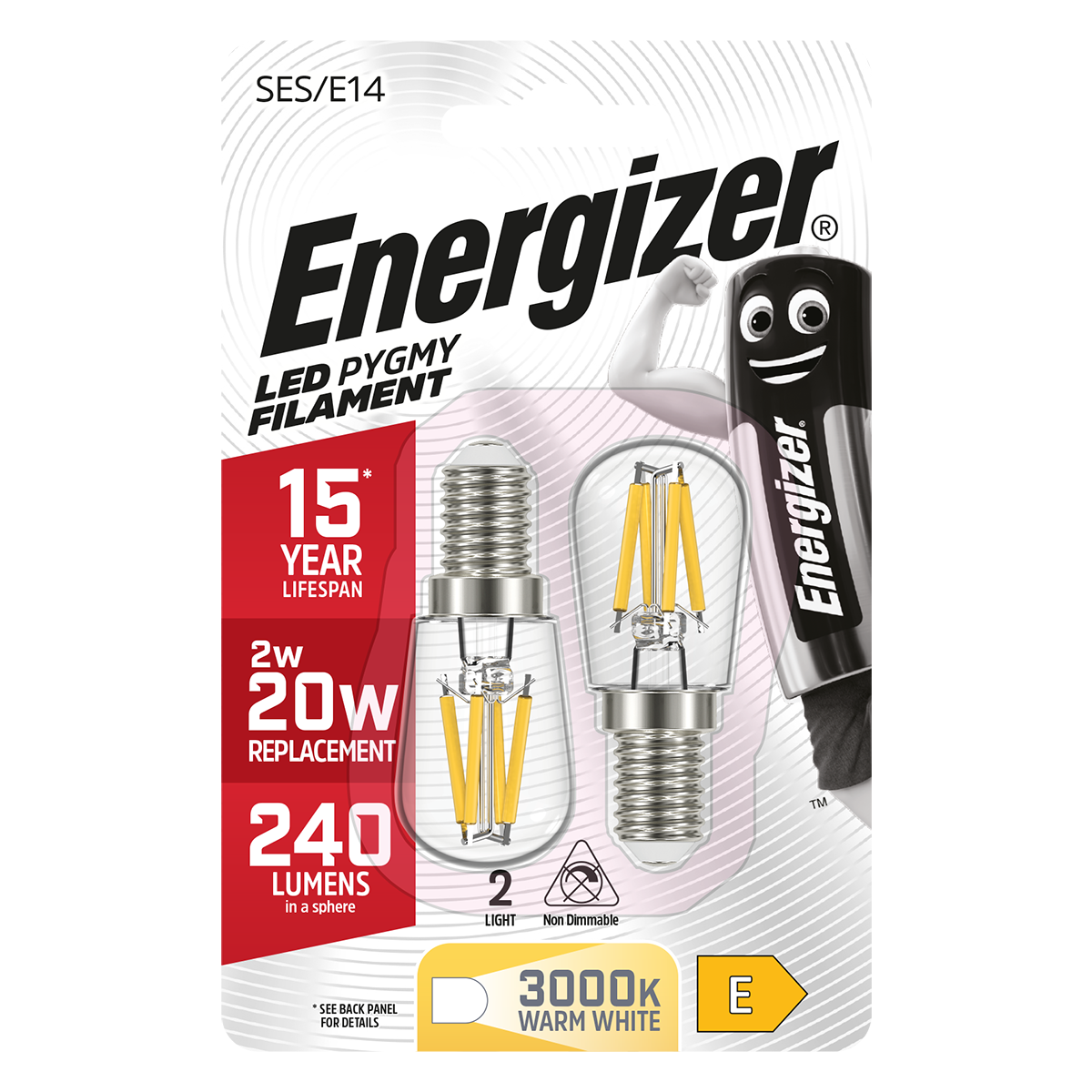Energizer Filamento LED Pygmy E14 (SES) 240lm 2W 3.000K (Blanco Cálido), Blister de 2