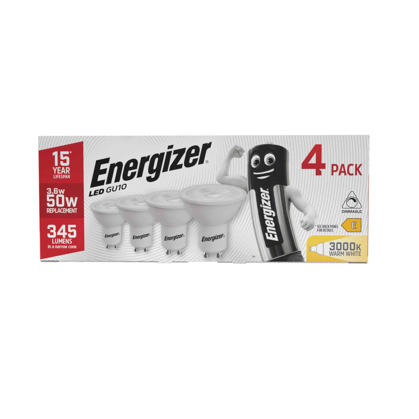 Energizer LED GU10 345lm 3,6W 3.000K (Blanco Cálido) Regulable, Caja de 4
