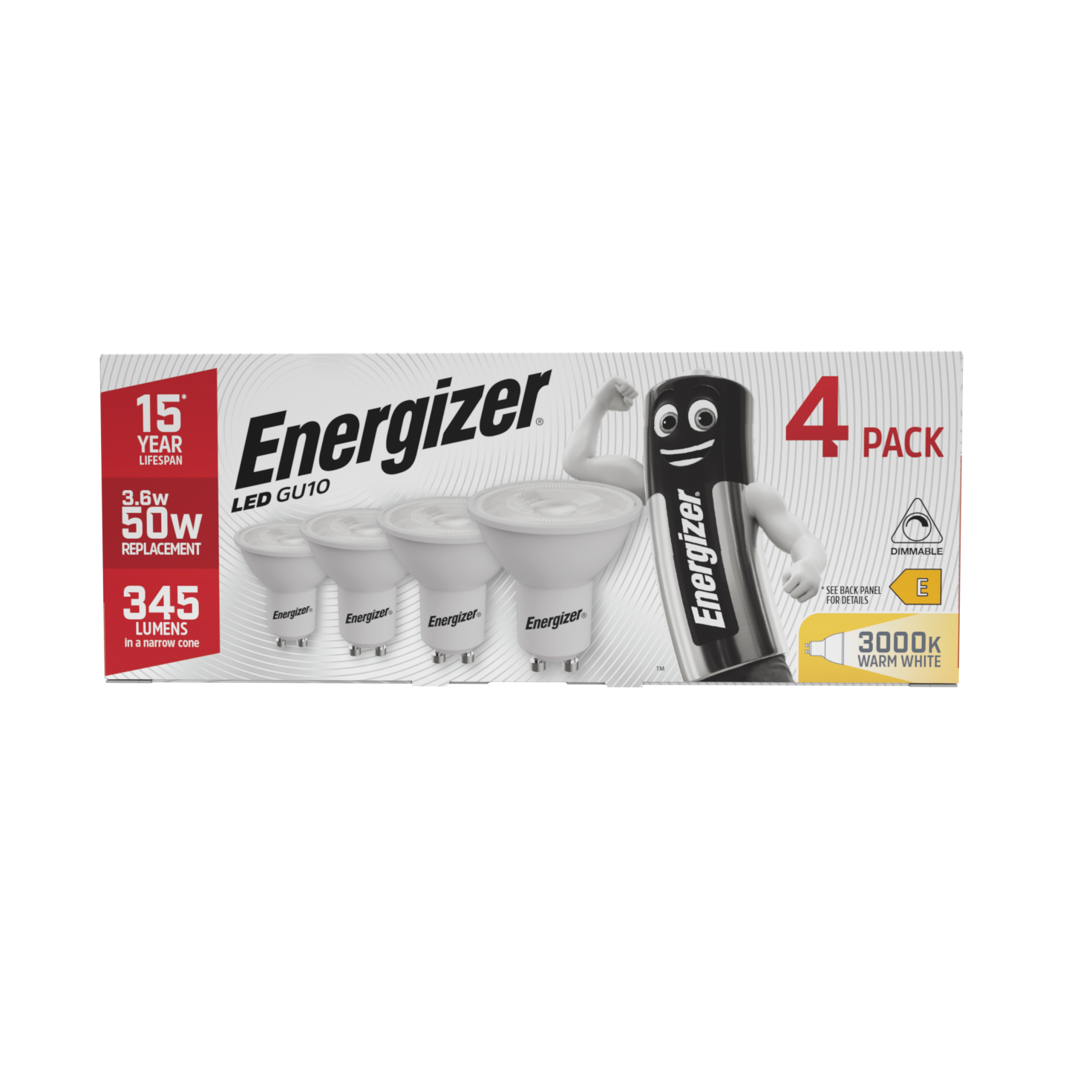 Energizer LED GU10 345lm 3.6W 3,000K (Warm White) Dimmable, Box of 4