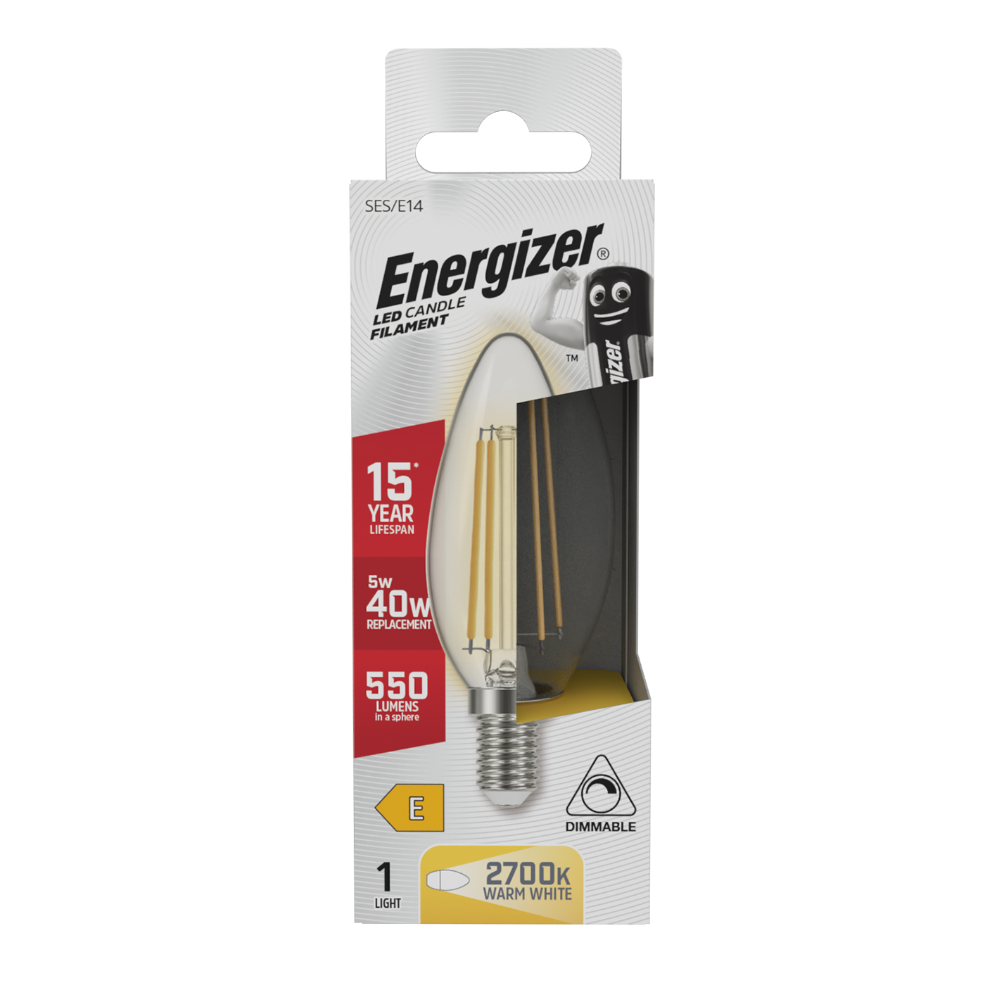 Energizer LED-Filamentkerze E14 (SES), 470 Lumen, 5 W, 2.700 K (Warmweiß), dimmbar, 1er-Box