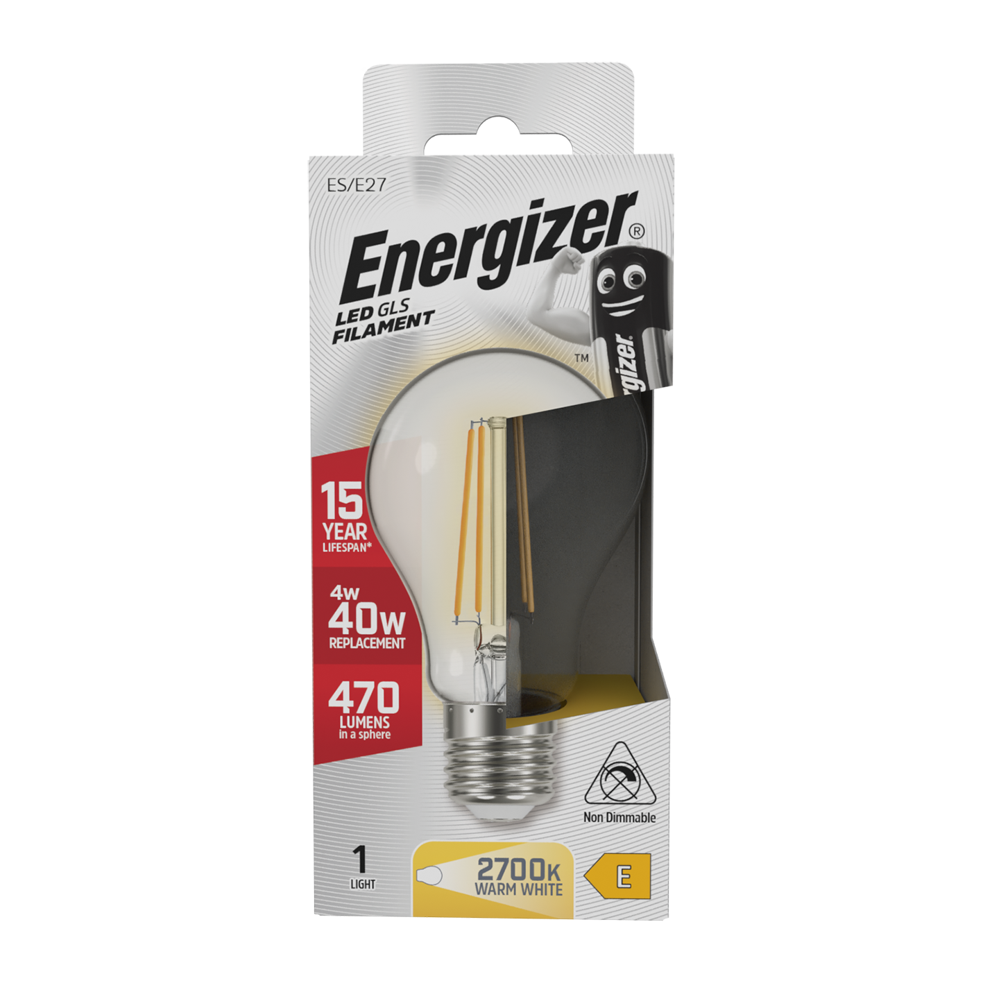 Energizer LED Filament GLS E27 (ES) 470 Lumens 4W 2,700K (Warm White), Box of 1