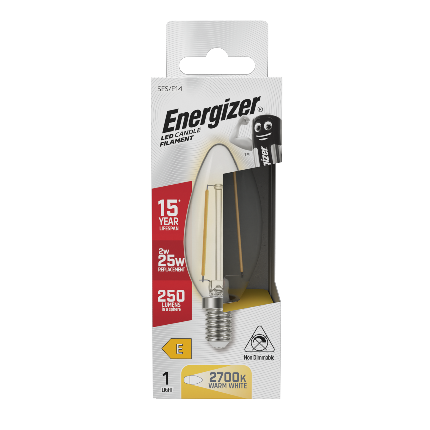 Energizer LED Filament Candle E14 (SES) 250lm 2W 2,700K (Warm White), Box of 1