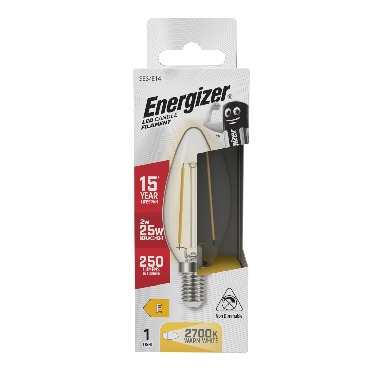 Energizer LED Filament Candle E14 (SES) 250lm 2W 2,700K (Warm White), Box of 1