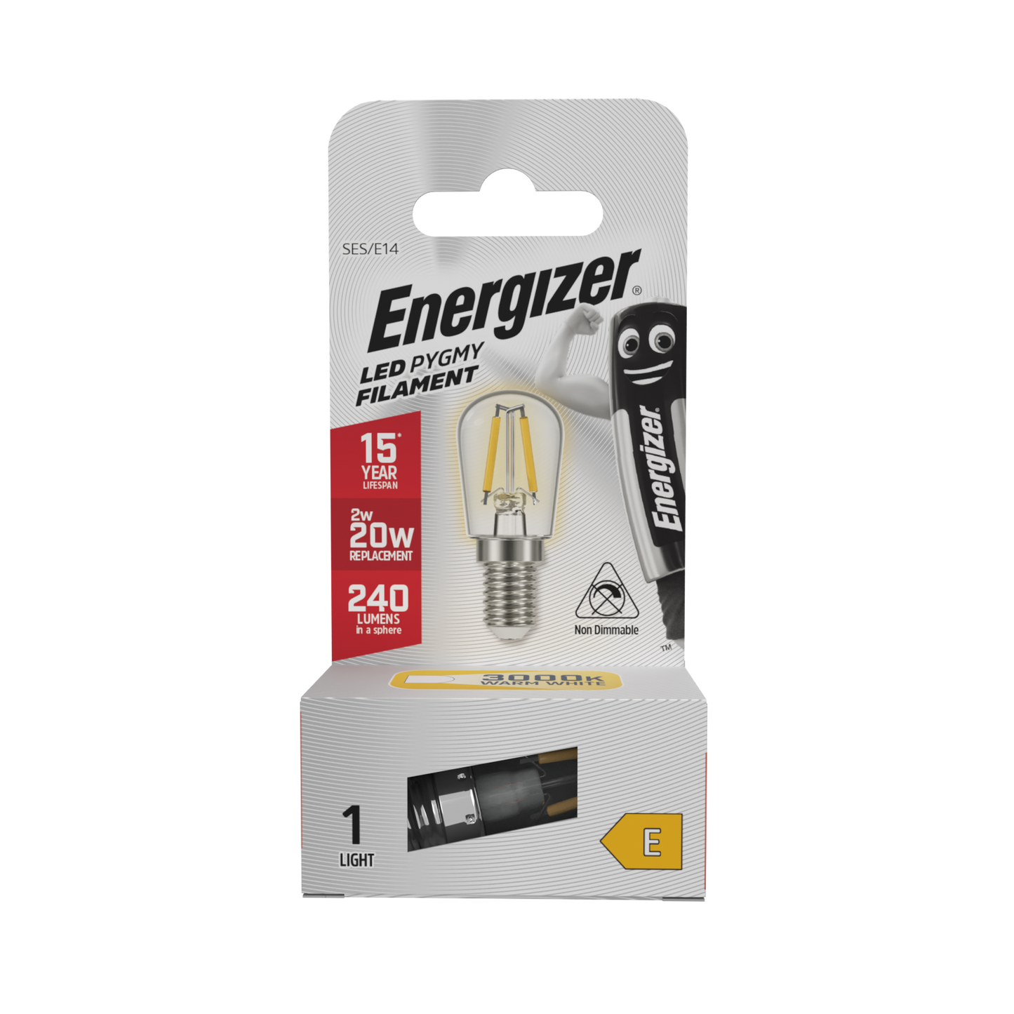Energizer LED Filament Pygmy E14 (SES) 240lm 2W 3,000K (Warm White), Box of 1