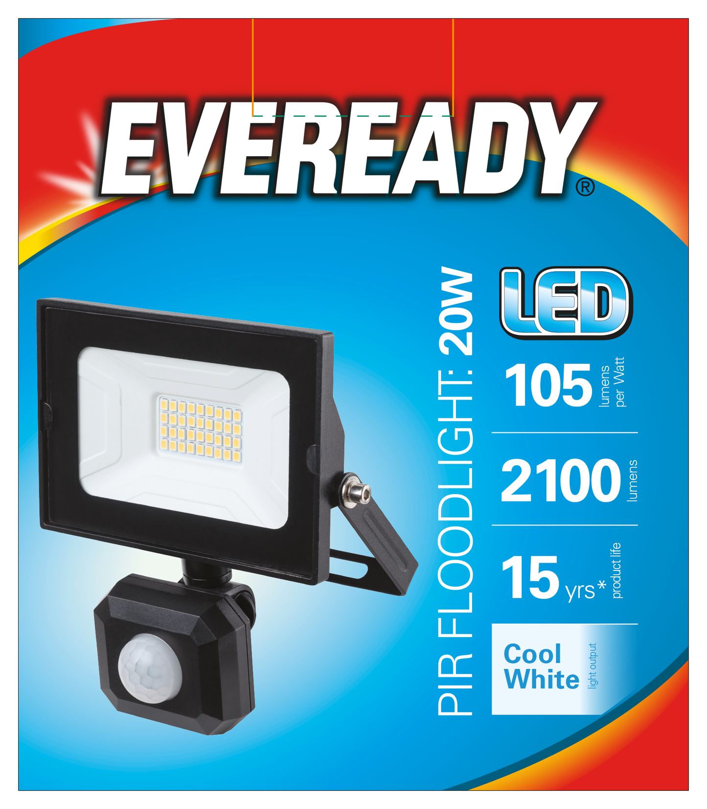 Foco reflector LED PIR Eveready - 20W - 1.600 lúmenes - 4.000K (blanco frío)