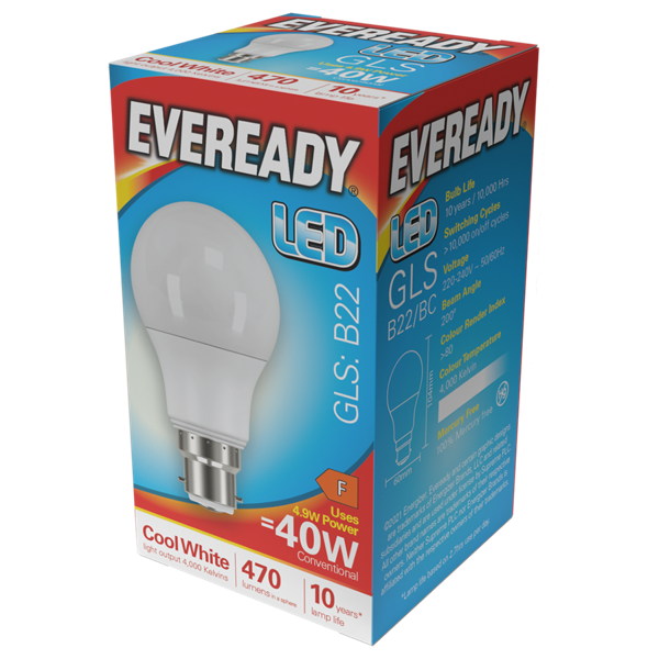 S14312 Eveready LED B22 (BC) GLS 470lm 4.9W 4000K (Cool White), Box of 1